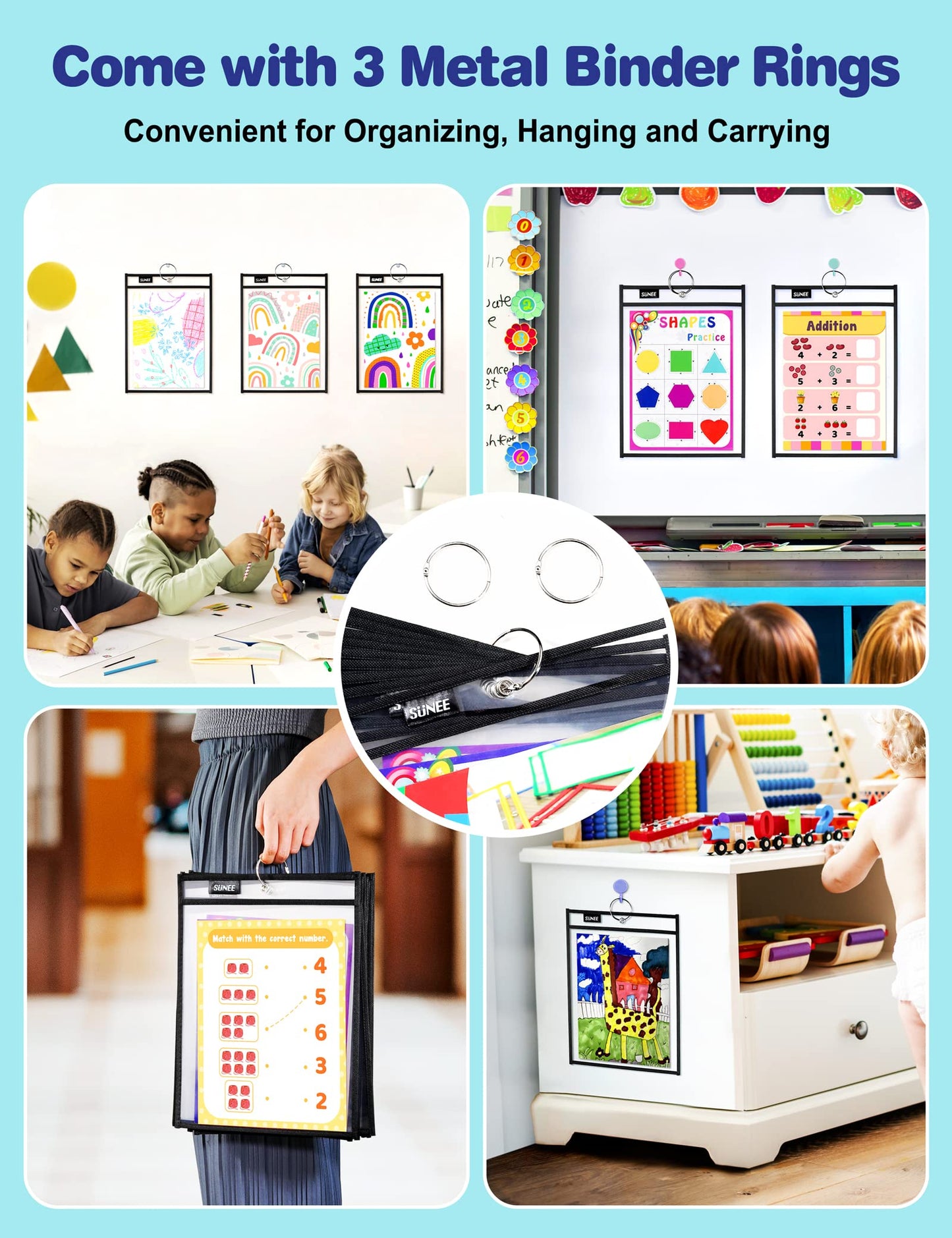 SUNEE 50 Packs Oversized Reusable Dry Erase Pocket Sleeves with 3 Rings, Black 10x14 Ticket Holders, Clear Plastic Sheet Protectors, Teacher School Classroom Supplies
