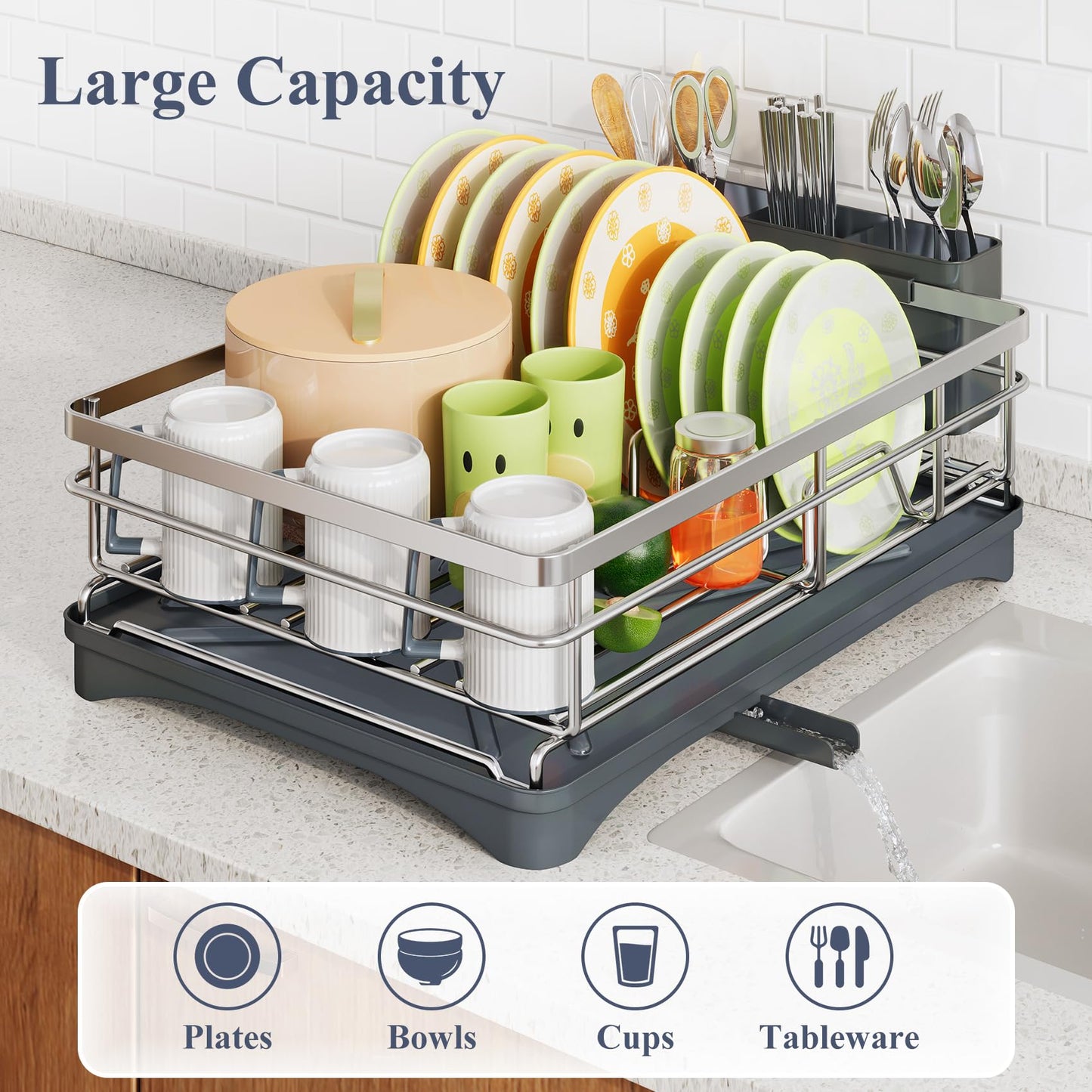 Dish Drying Rack - Stainless Steel Dish Rack for Kitchen Counter, Large-Capacity Dish Drainer with Cutlery Holder, Kitchen Organizer for Dishes, Spoons and Forks, Silver