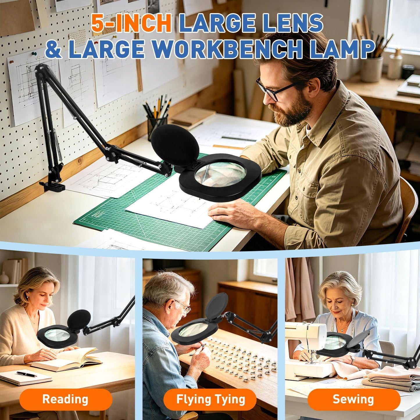 HITTI 12X Long Magnifying Glass with Light and Clamp, 2200 Lumens, 5-Inch Large Real Glass, 5 Color Modes, Stepless Dimmable, LED Lighted Magnifier Stand for Workbench,Craft, Soldering, Reading