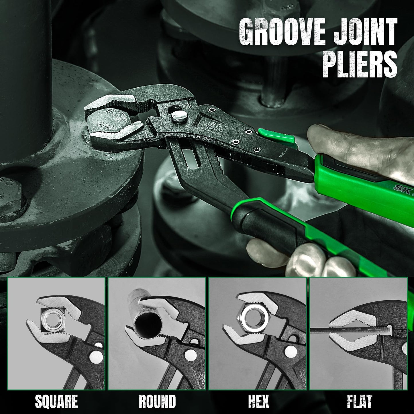 SK 5-Piece Pliers Set, 8" Adjustable Joint Plier, 8", 10" and 12" Quick Adjust V-Jaw Groove Joint Pliers, 10" Plier Wrench, Premium CR-V Construction, with EVA Foam Tool Organizer