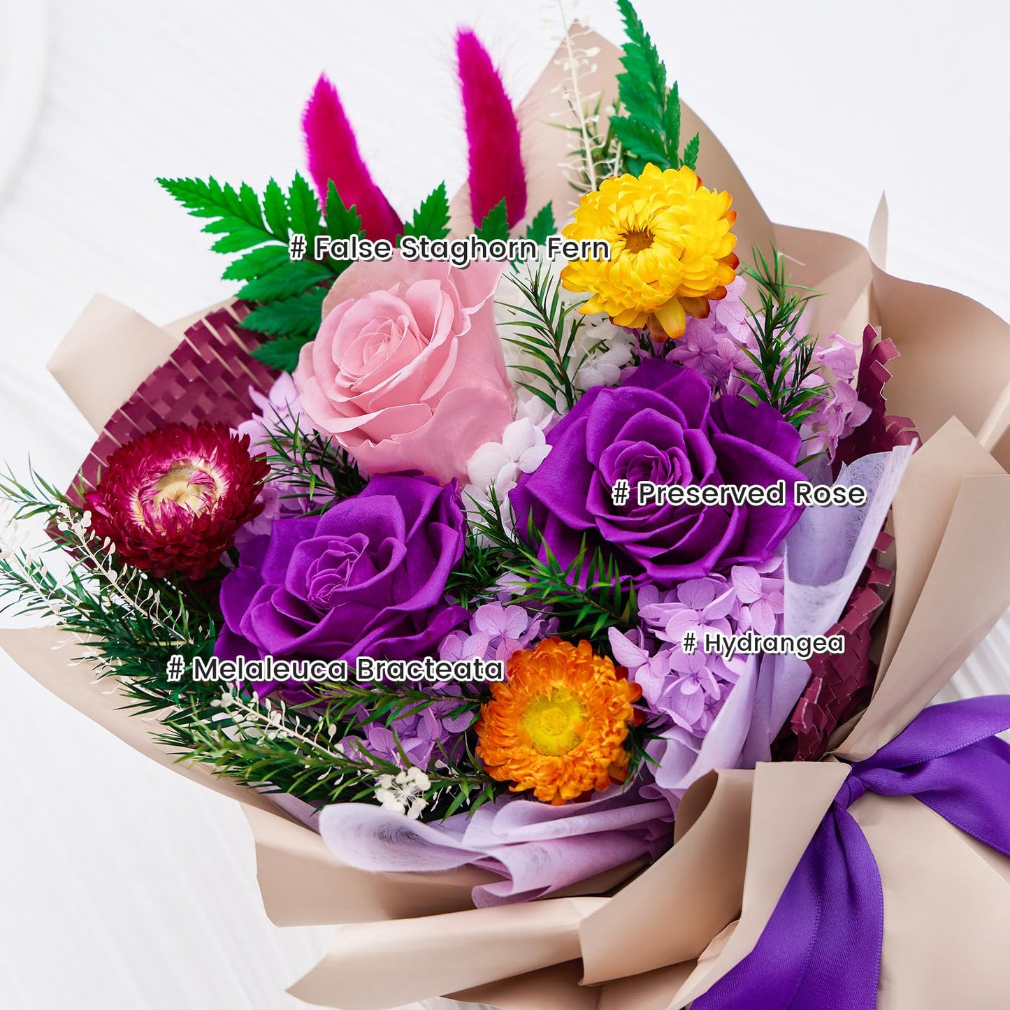 Flomoon Forever Flowers Gifts for Her, Preserved Flowers Bouquet Birthday Gifts for Women, Preserved Roses for Grandma Wife Anniversary Valentine's Day Mother's Day (Purple Paper)