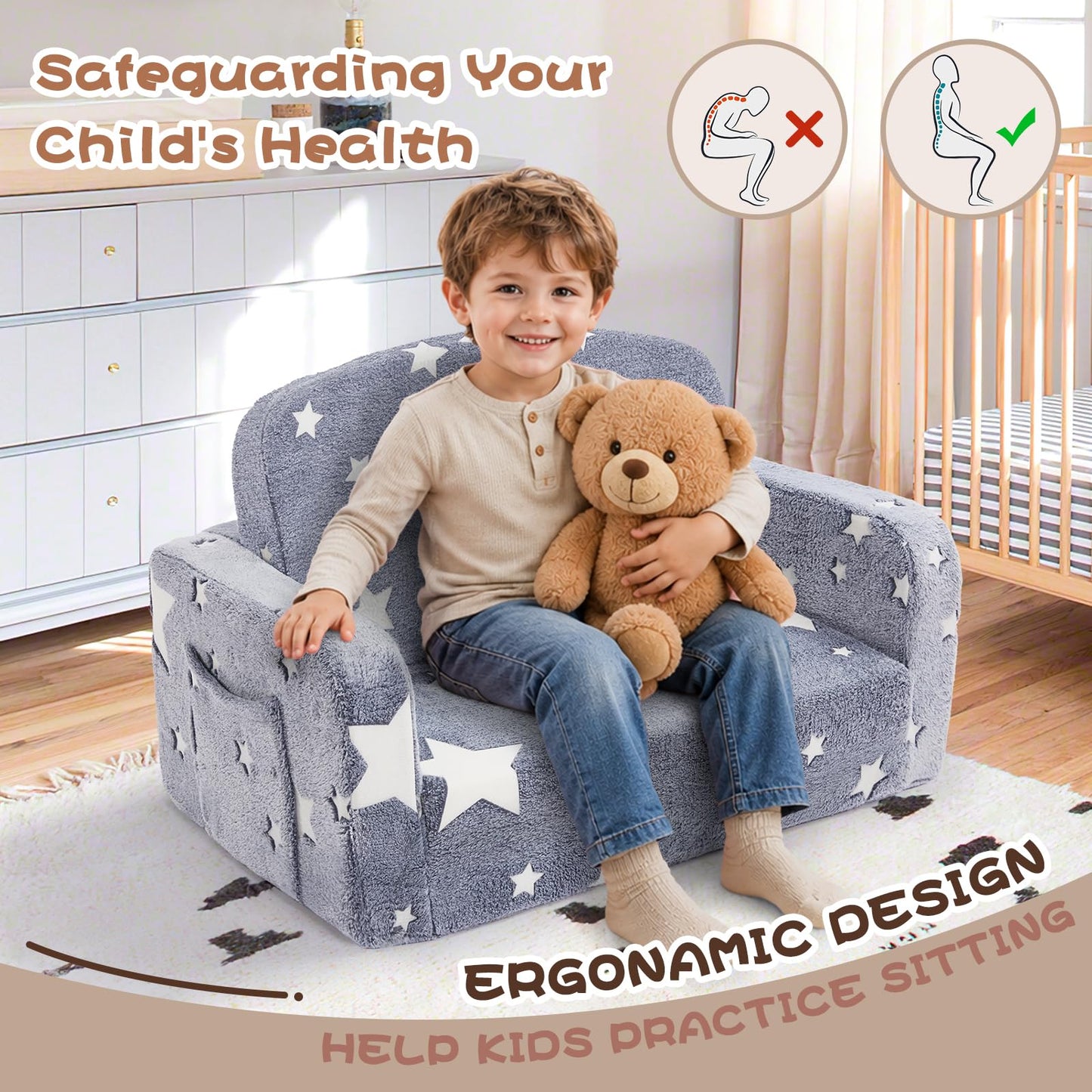 Foryoomi Extra Wide Kids Couch, 2-in-1 Soft Couch with Blanket, Glow in The Dark, Comfy Chair with Cloud Pillow, Convertible Sofa, Star
