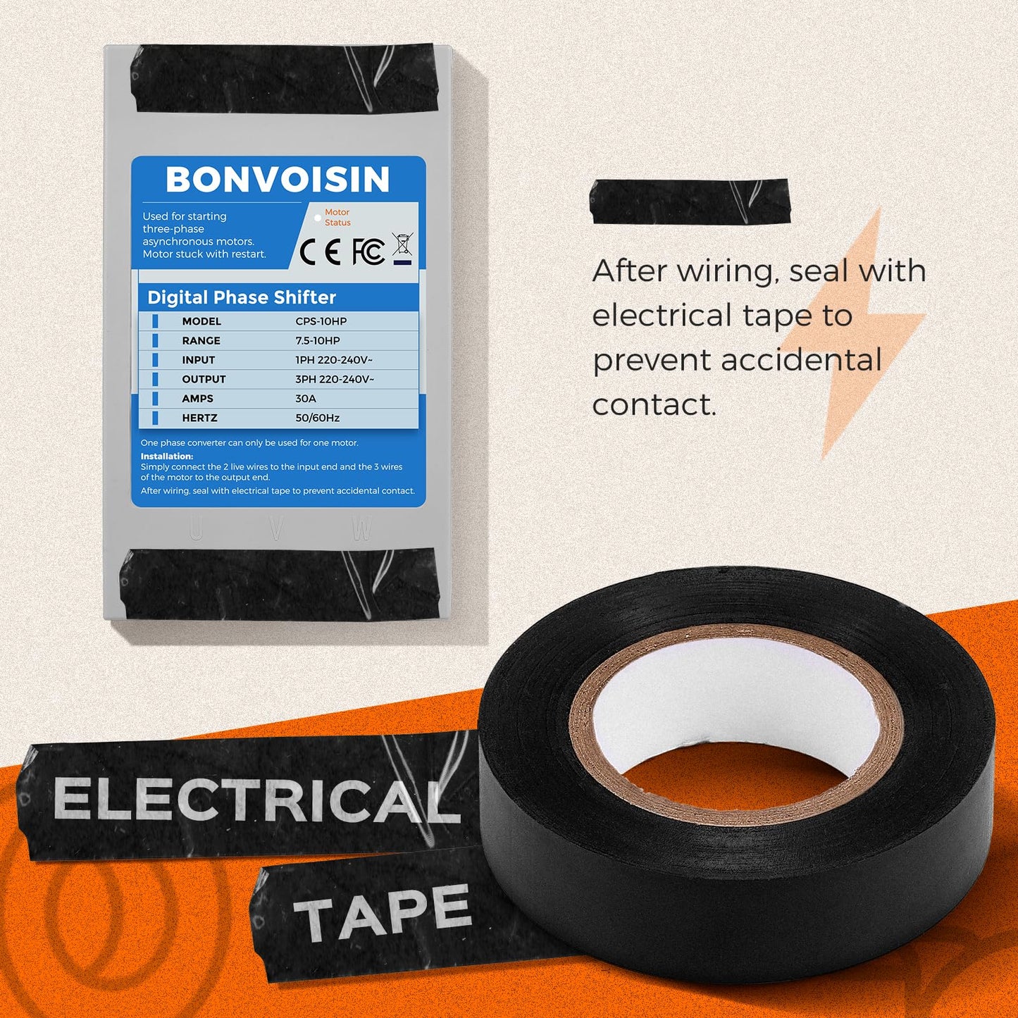 Bonvoisin Single to 3 Phase Converter 2HP(1.5kW) Digital Phase Shifter, 7A 220V-240V Input/Output, One Converter for One Motor