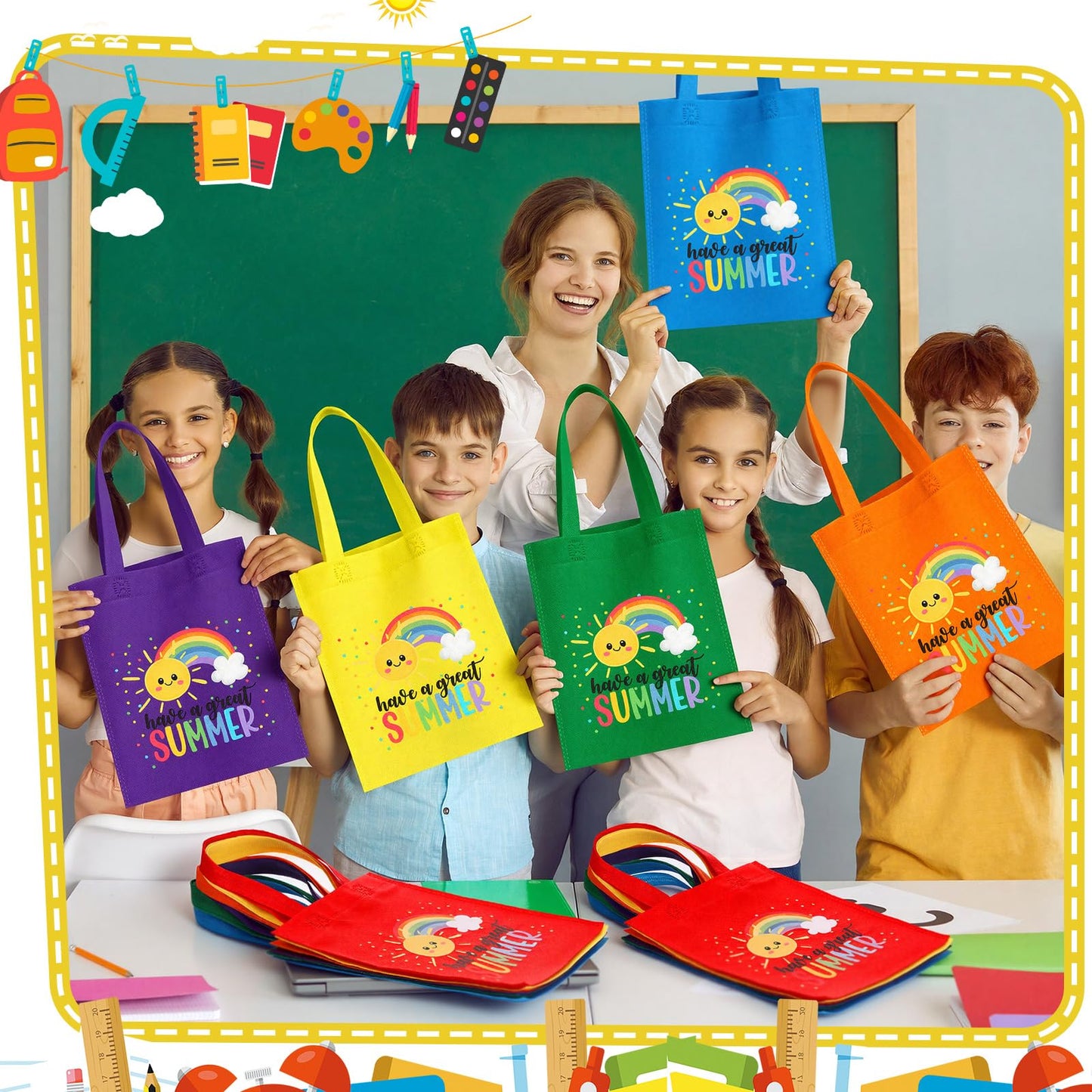 Dansydaisy 48 Pcs End of the Year Non Woven Gift Bags Rainbow Totes with Handles Treat Bag for Summer Party Birthday Supplies (Summer)
