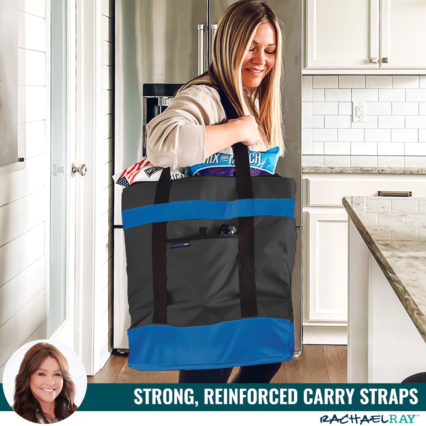 Rachael Ray Jumbo Chillout Thermal Tote, Insulated Soft Sided Cooler Bag, Foldable Reusable and Leak Proof Food Grocery Bag, Portable Travel Cooler, Hot or Cold Carrier, Black