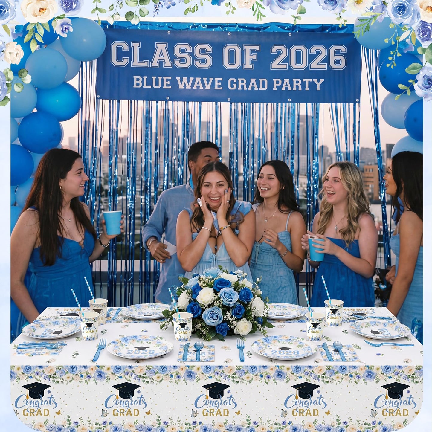 Funnymoom 452 Pcs Light Blue Floral Graduation Decoration for 50 Guests, Class of 2026 Blue Gold Graduation Paper Plates Napkins Cups Tablecloth Cutlery Straws for 2026 Congrats Grad Party Supplies