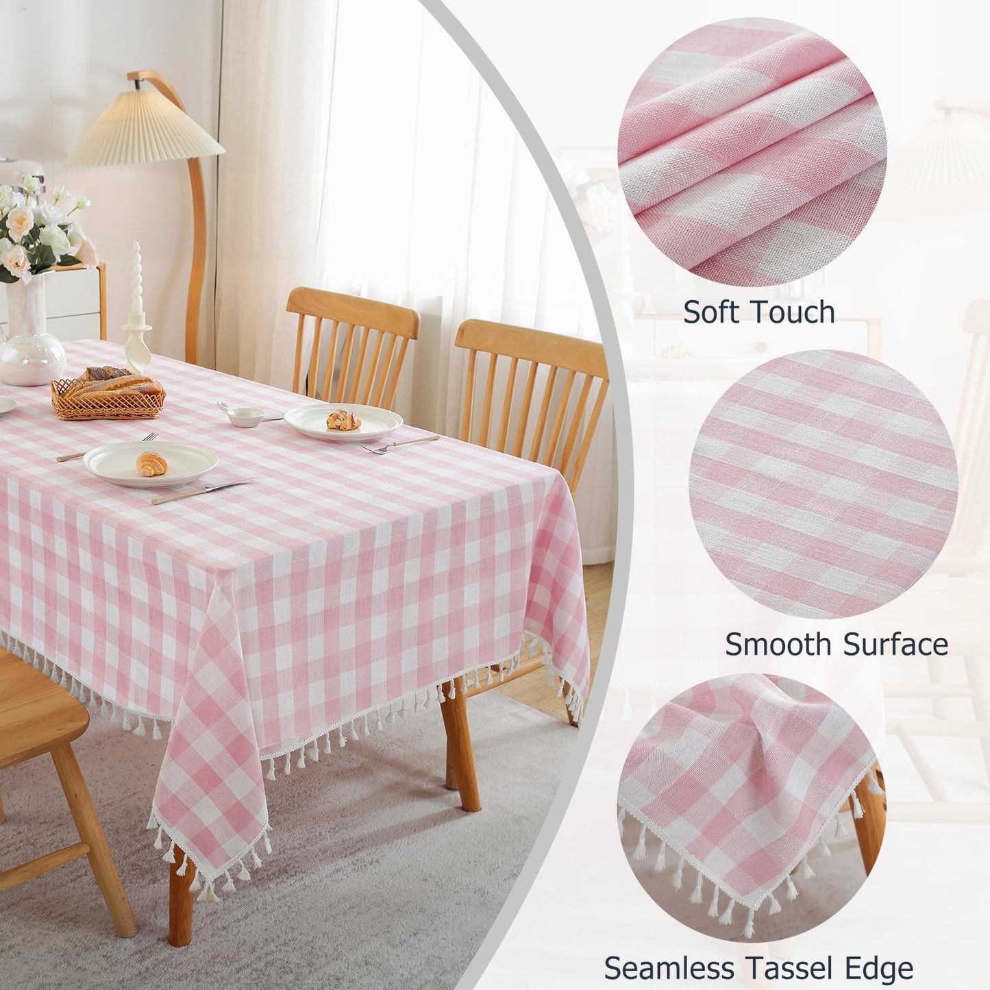JIALE Checkered Table Cloth Rectangle Cotton Linen Fabric Gingham Tablecloth with Tassel Washable Wrinkle Free Buffalo Plaid Table Cover for Spring Picnic Kitchen Dining, Pink and White, 55x120''