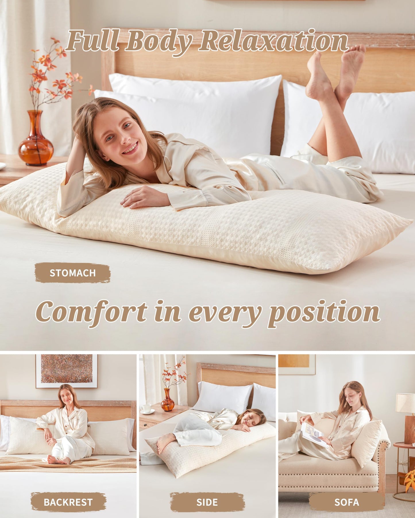 YZ HOME Waffle Weave Body Pillow for Adults - Memory Foam Body Pillow with Removable Pillowcase - Firm and Fluffy - Large Long Bed Pillows for Side Sleepers, Washable, 20x54 Inch(Beige)