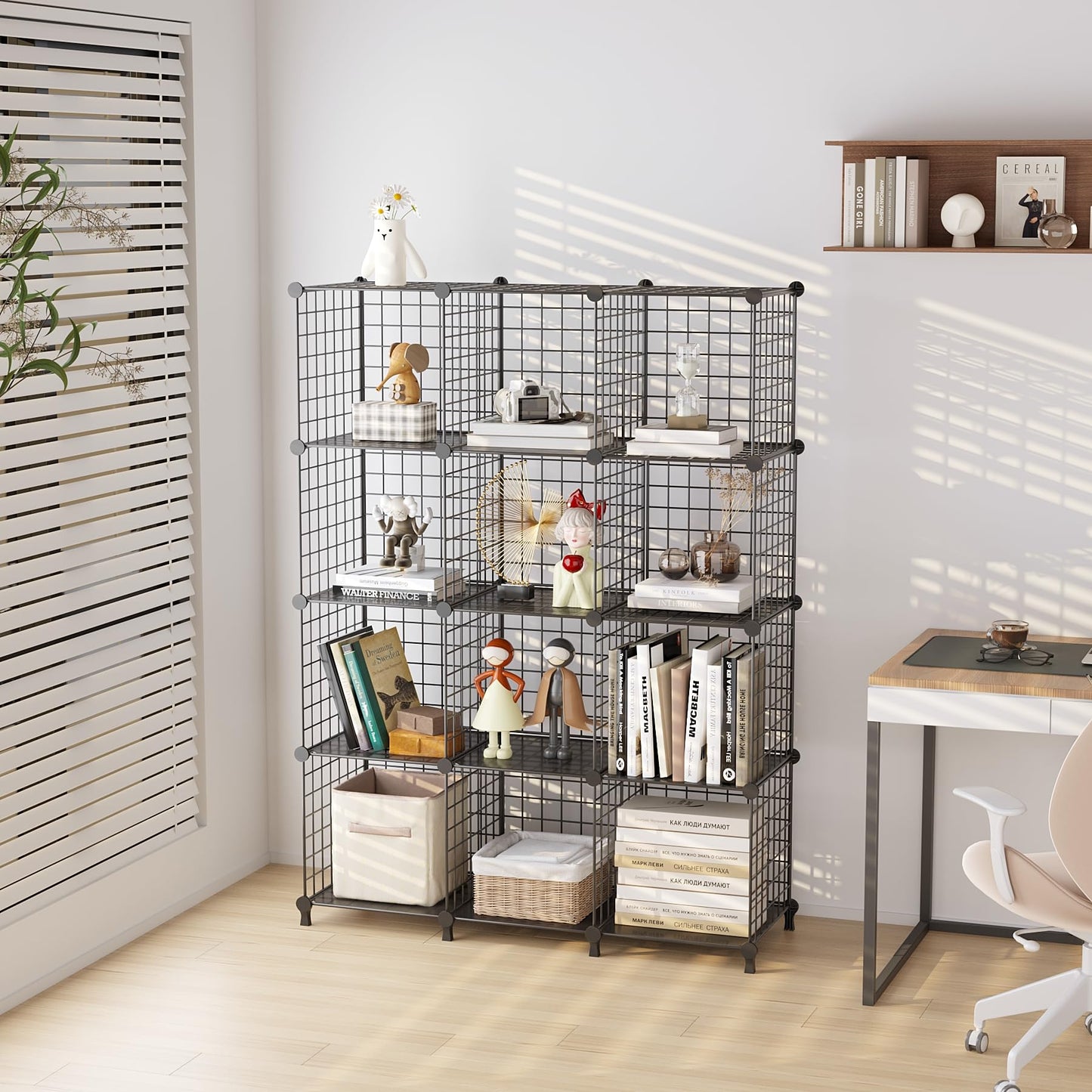 ATTDETJL 12-Cube Storage Organizer, Metal Wire Cube Shelving Unit, 11.8" L x 11.8" W x 11.8" H, Modular Grid Bookshelf for Closet, Bedroom, Office, Black ATTJL12B