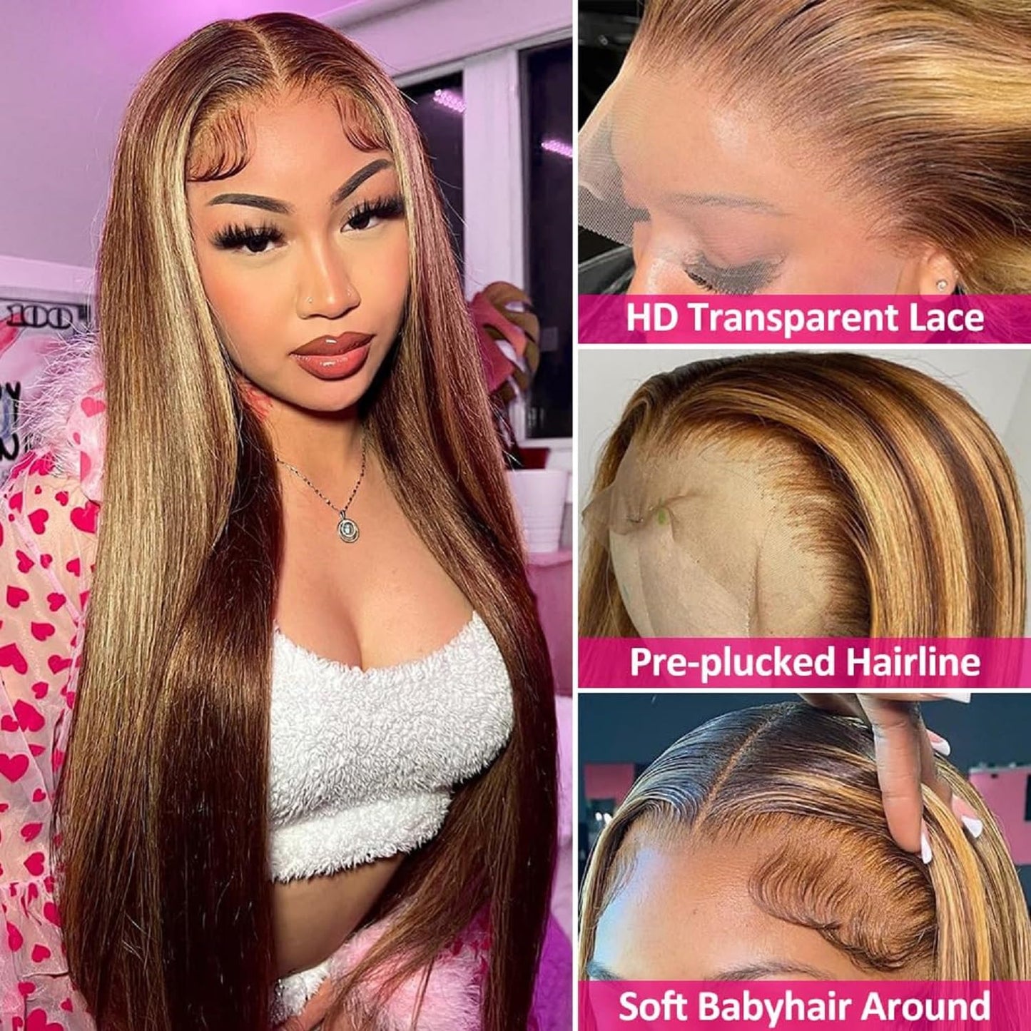30 inch Highlight Ombre Lace Front Wig Human Hair 180% Density 13x4 Hd Transparent Lace Front Wigs Human Hair Honey Blonde 4/27 Highlight Lace Front Wigs Human Hair Straight Wigs Human Hair Color