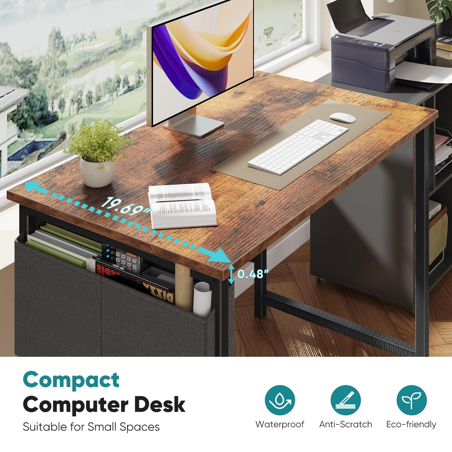 OLIXIS Computer Desk 31 Inch Home Office Desks for Small Spaces, Gaming Writing Study Work Table with Storage Bag for Bedroom, Rustic Brown Space Saving Compact