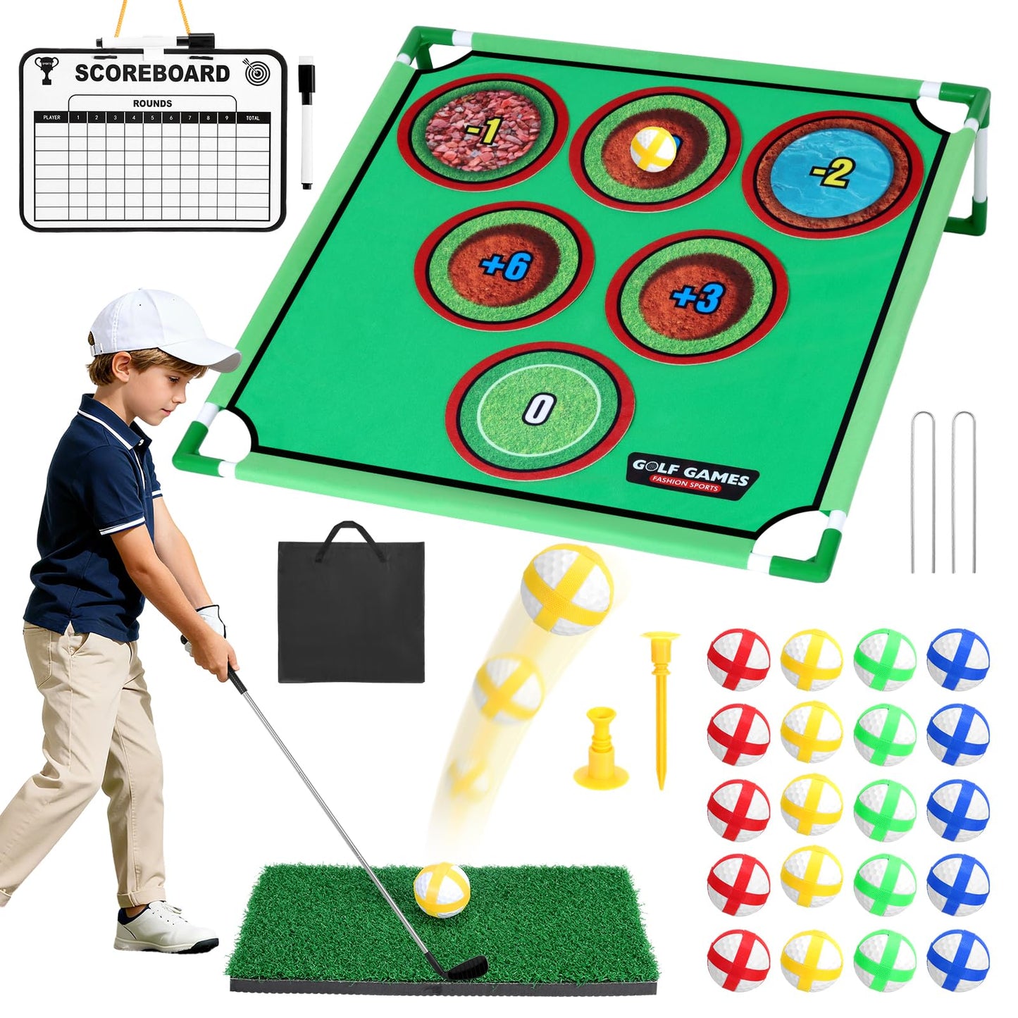 UMMNPR Golf Chipping Game Set, 20 Velcro Balls, 6 Hole Covers, Hitting Mat, Putting Mat, Carrying Bag, Indoor Outdoor