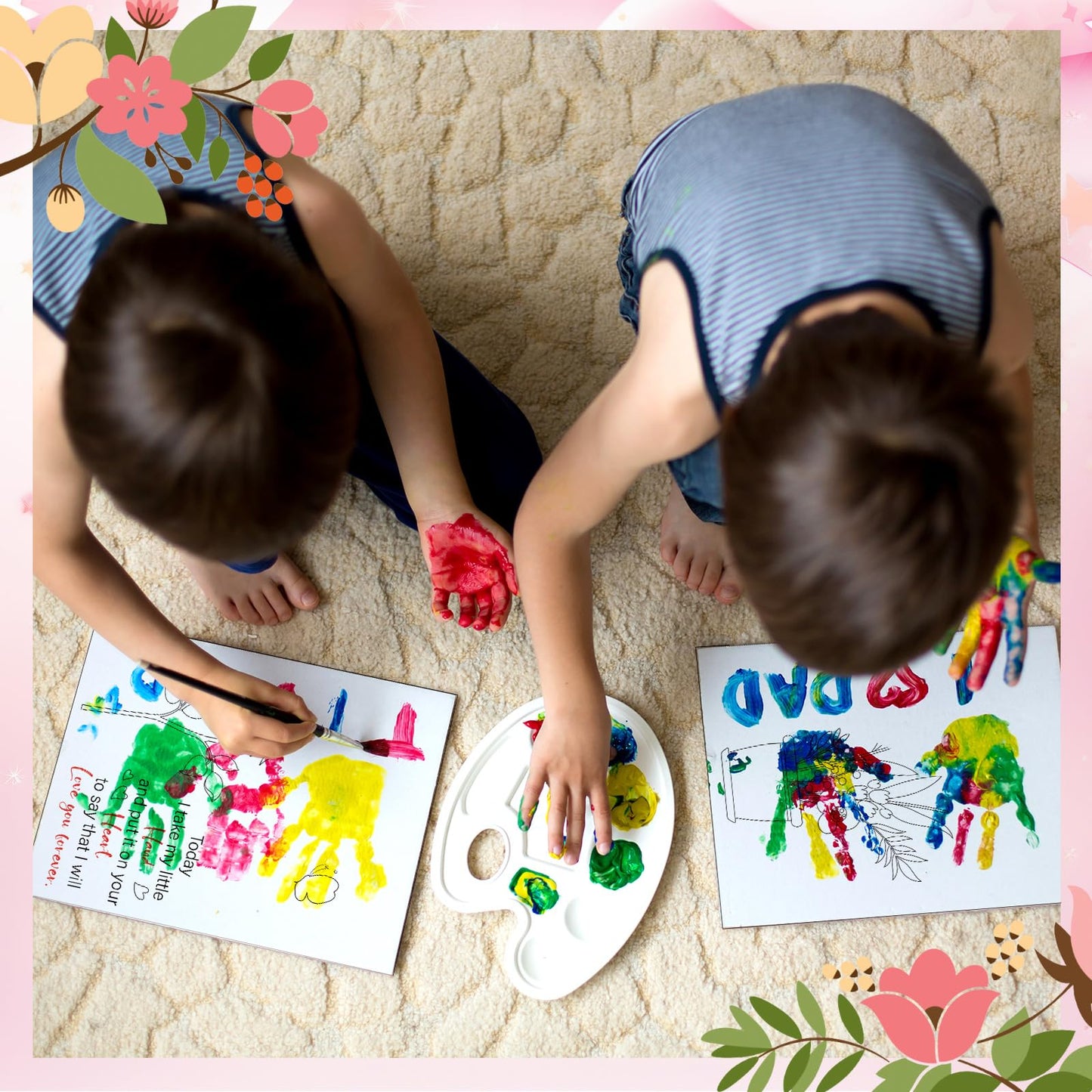 Motipuns 6sets Flower Bouquet Handprint Art Craft DIY Kit Customized Mothers Day Gift Handprint Ornament Kit Personalized Handprint Flowers Frame Sign for Mother Grandma Birthday Gift
