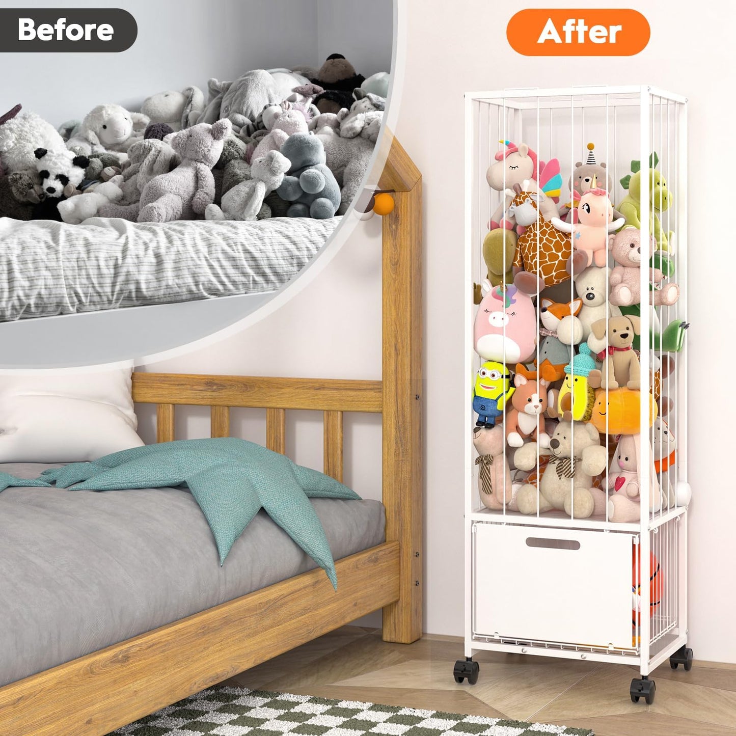 BUKFEN Metal Stuffed Animal Storage Zoo Toy Organizer - Large Capacity Plush Holder with Adjustable Elastic Cords & 4 Wheels, Vertical Space-Saving Design for Kids Nursery Playroom Bedroom,White