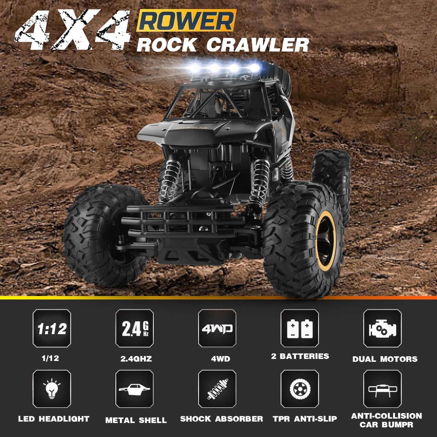 Jiakora RC Cars Remote Control Car 1:12 Off Road Truck, Metal Shell LED Headlights Offroad Monster RC Truck, 4x4 All Terrain Hobby RC Cars Toys for Boys Kids Adults Gifts 8-12
