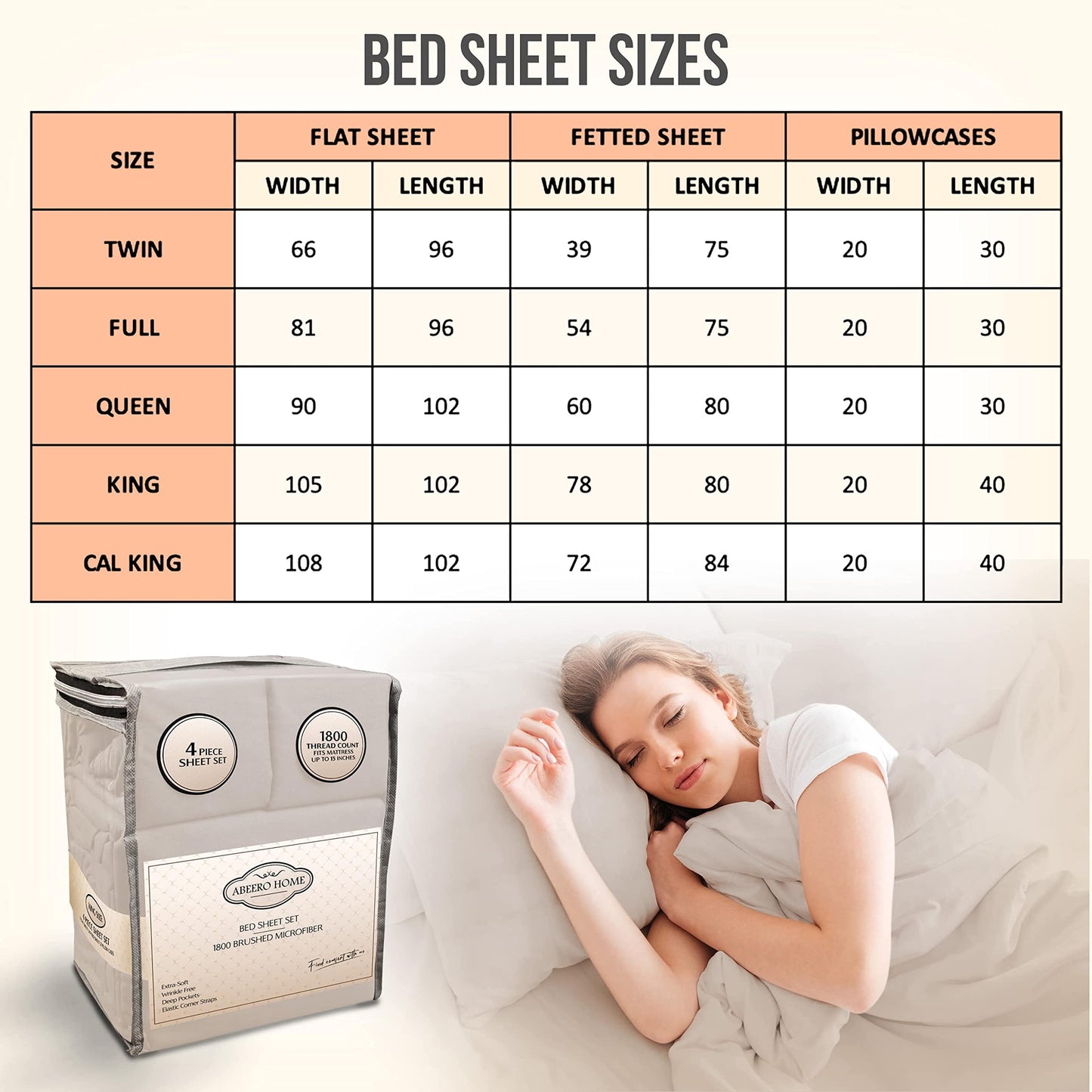 Abeero Home King Size Sheets Set Cooling - Luxury Hotel Sheets - Soft Bed Sheet with Elastic Corner Straps - Deep Pockets Microfiber Bedsheet - Bedding Sheet & Pillowcases - 4 Piece (King, Beige)