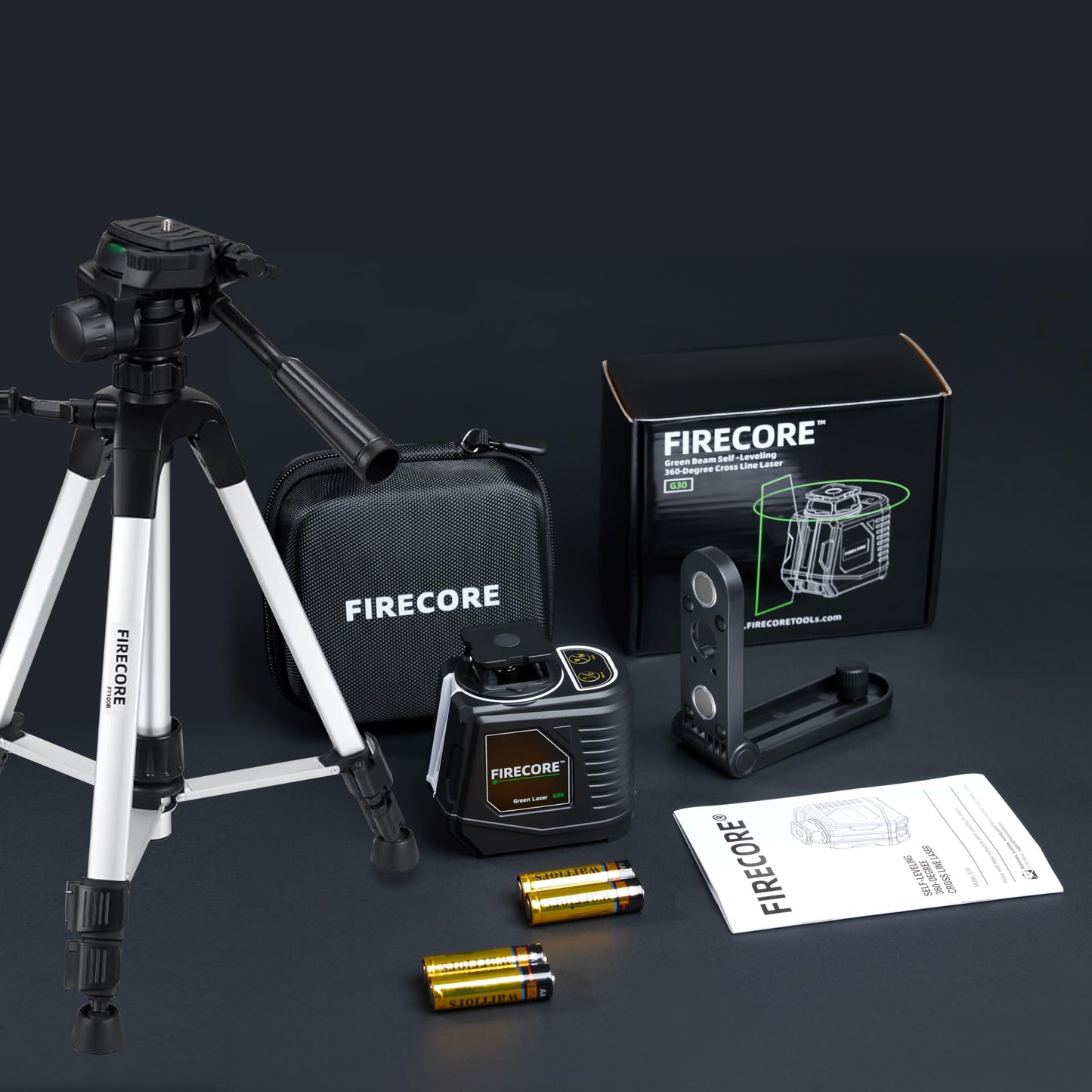 Laser Level with Tripod, Firecore 360° Self Leveling Cross Line Laser Level with Pluse Mode, Green Lazer Leveler tool for Hanging Pictures Wall Tile Construction, L-Bracket & Carry Pouch Included
