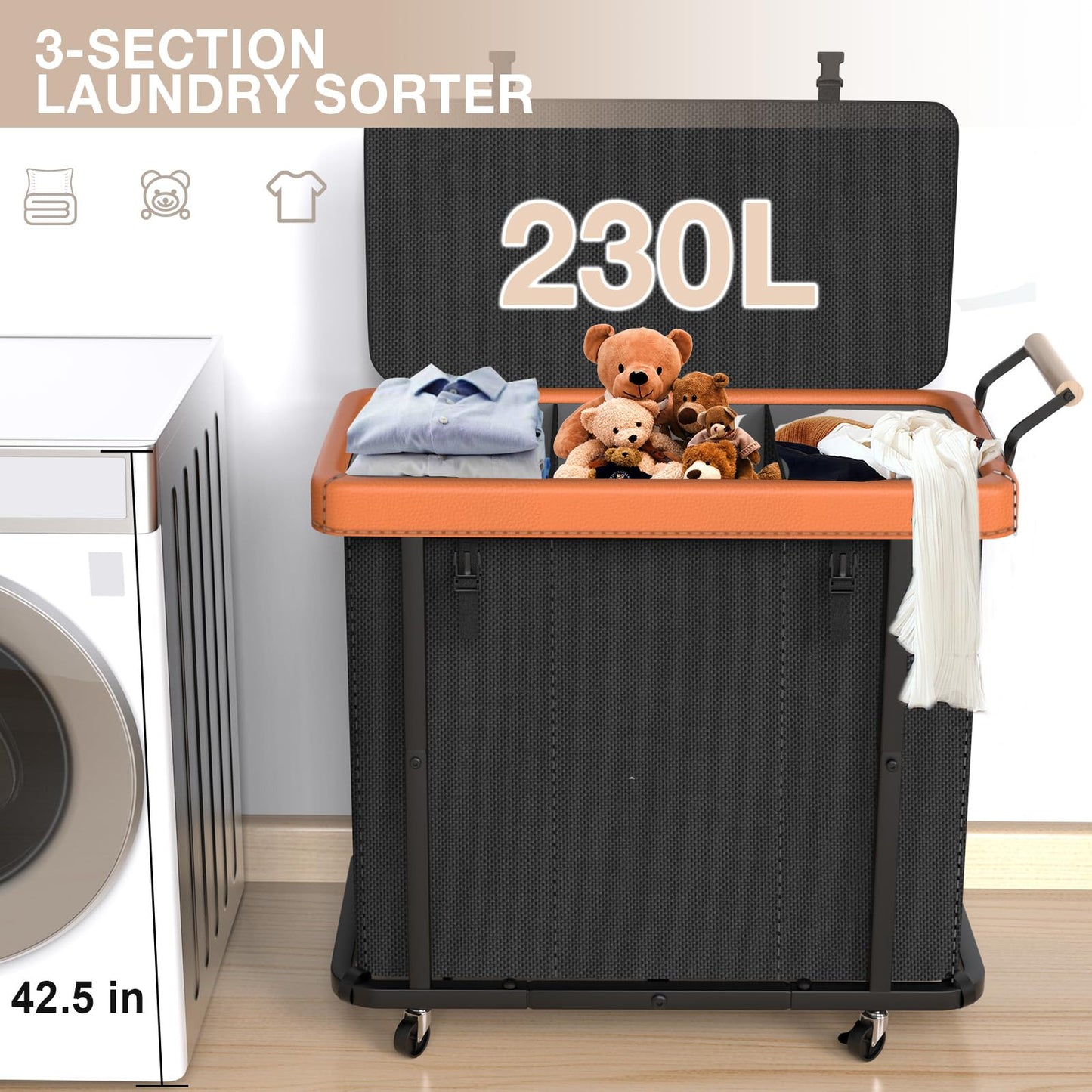 Rolling Laundry Hamper with Wheels, Laundry Hamper 3 Section with Lid, Laundry Basket with Rolling Lockable Wheels and Handle, Laundry Basket Organizer for Laundry Room, Bedroom 230L Black
