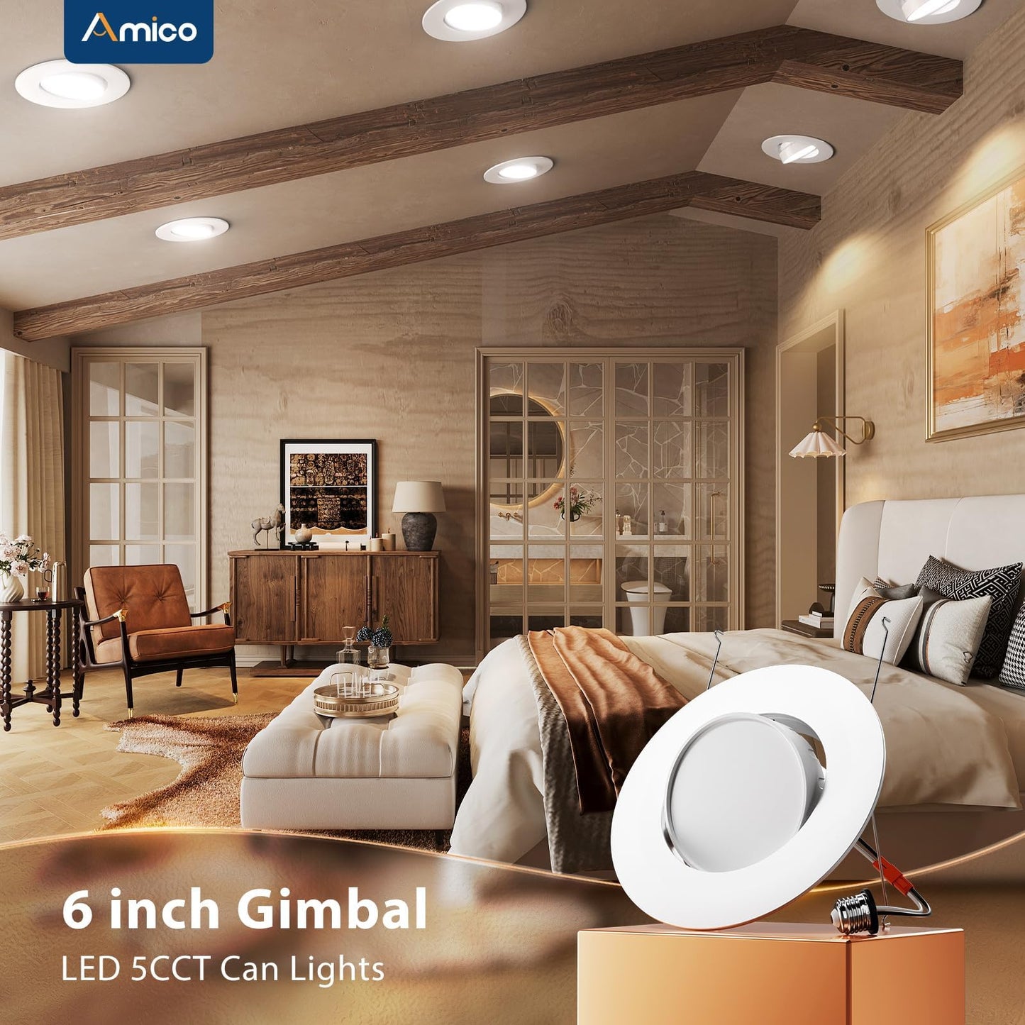 Amico 5/6 Inch Retrofit Eyeball Gimbal Can Lights 6 Pack, 5CCT LED Recessed Lights Directional Angled Trim Adjustable Ceiling Downlight, 2700K/3000K/4000K/5000K/6000K, 16W=150W, 1500 LM- ETL&FCC