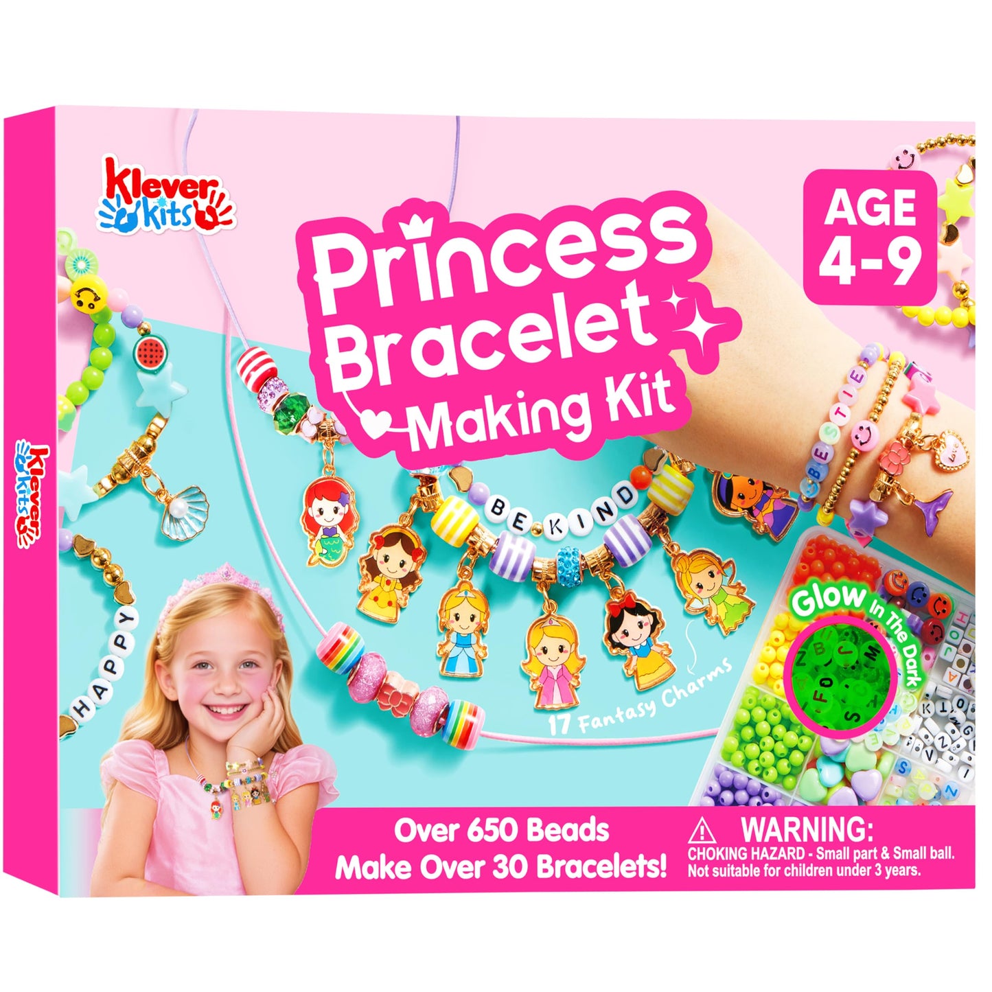 Klever Kits Princess Bracelet Making Kit, Jewelry Making Kit, Bracelets for Girls, Crafts for Kids, 4 5 6 7 8 Year Old Girl Birthday Gifts, Over 650 Beads, Make 30+ Designs, Easter Gifts