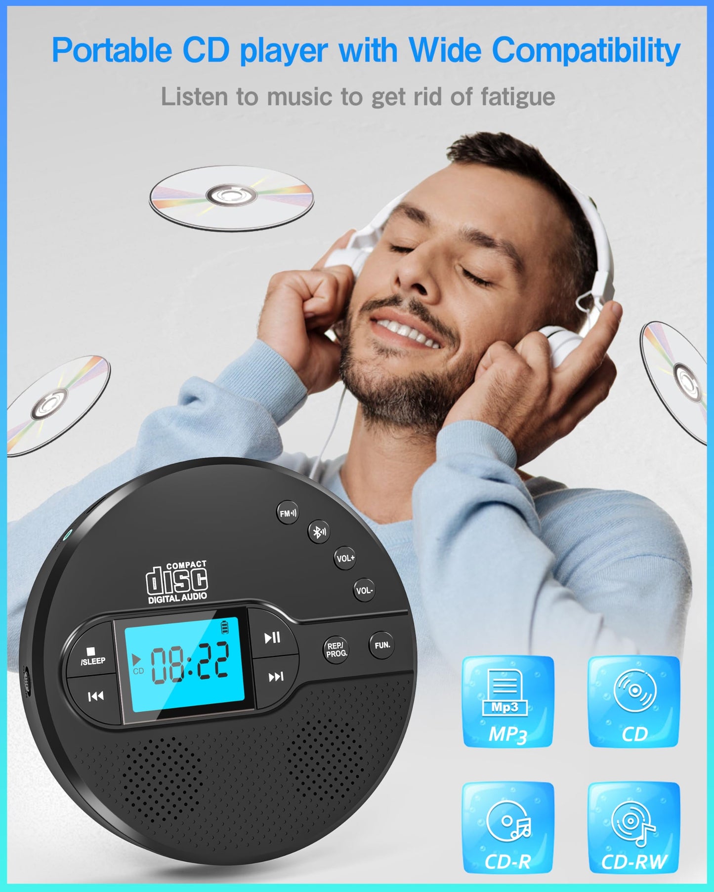 Sunoony Portable CD Player with Bluetooth, Walkman CD Player with FM Transmitter and Speakers for Car, Rechargeable Discman CD Player with Anti-Skip Protection, Headphones, LCD Display (Black)