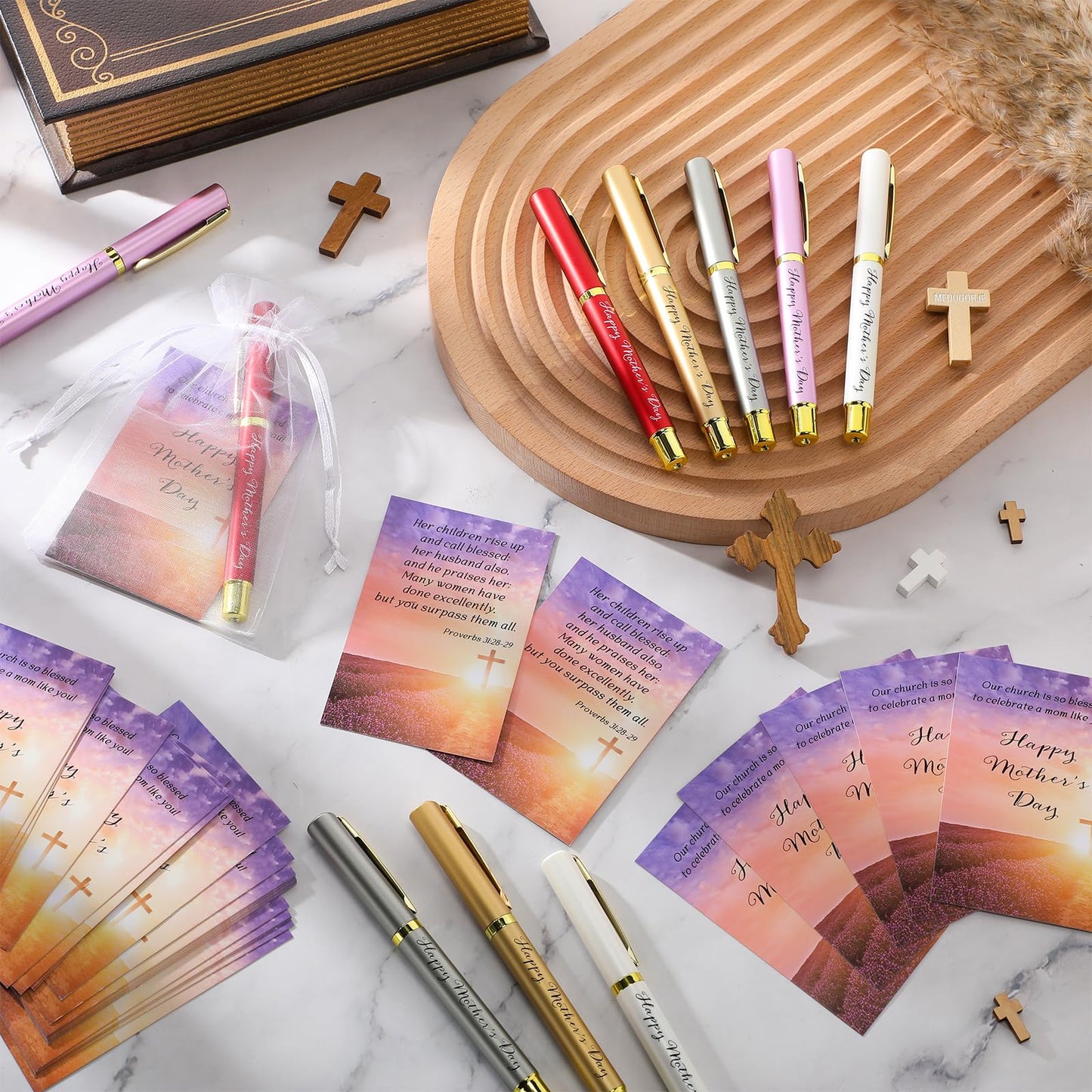 Tellingyou 75 Sets Mother's Day Church Gifts Bulk Included Happy Mother's Day Pens Inspirational Religious Cards Bible Verse Cards and Organza Bags for Women Church Members Christian Gift, 5 Colors