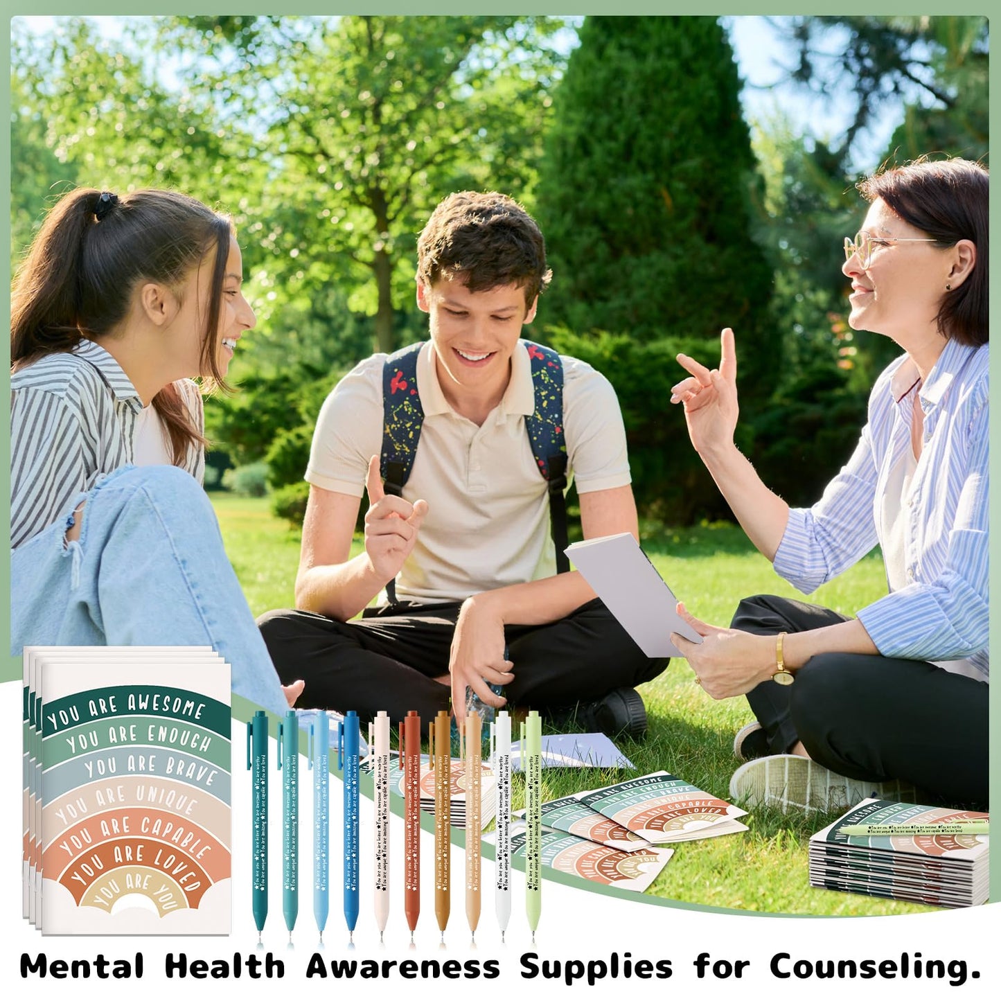 Janlaugh 200 Pcs Mental Health Awareness Gifts Bulk Motivational Notebook Journals and Positive Affirmation Pen Mental Health Items for Coworker Nurse Week Teacher Student End of Year Gifts (Rainbow)