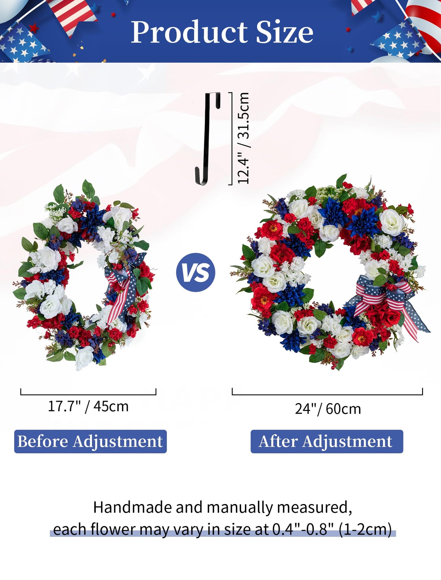 BLOSMON 4th of July Patriotic Wreath: Front Door 24 Inch Red White and Blue Wreaths 250 Anniversary USA Outdoor Decorations - Fourth of July America Summer Wreath with Hanger for Home Party Gift