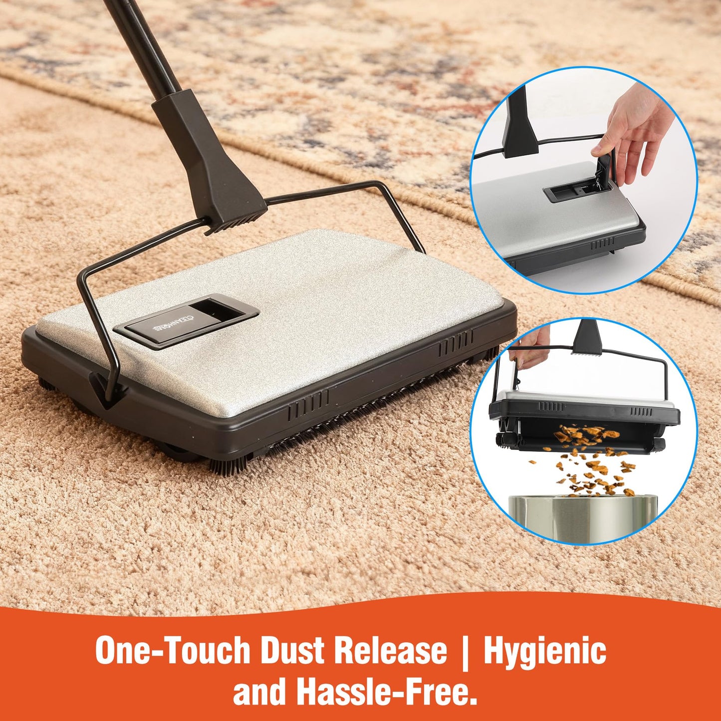 CLEANHOME Carpet Sweeper Manual Cordless - Non-Electric Push Sweeper for Pet Hair & Debris on Carpets & Rugs, Includes Cleaning Tool & Extra Replacement Roller