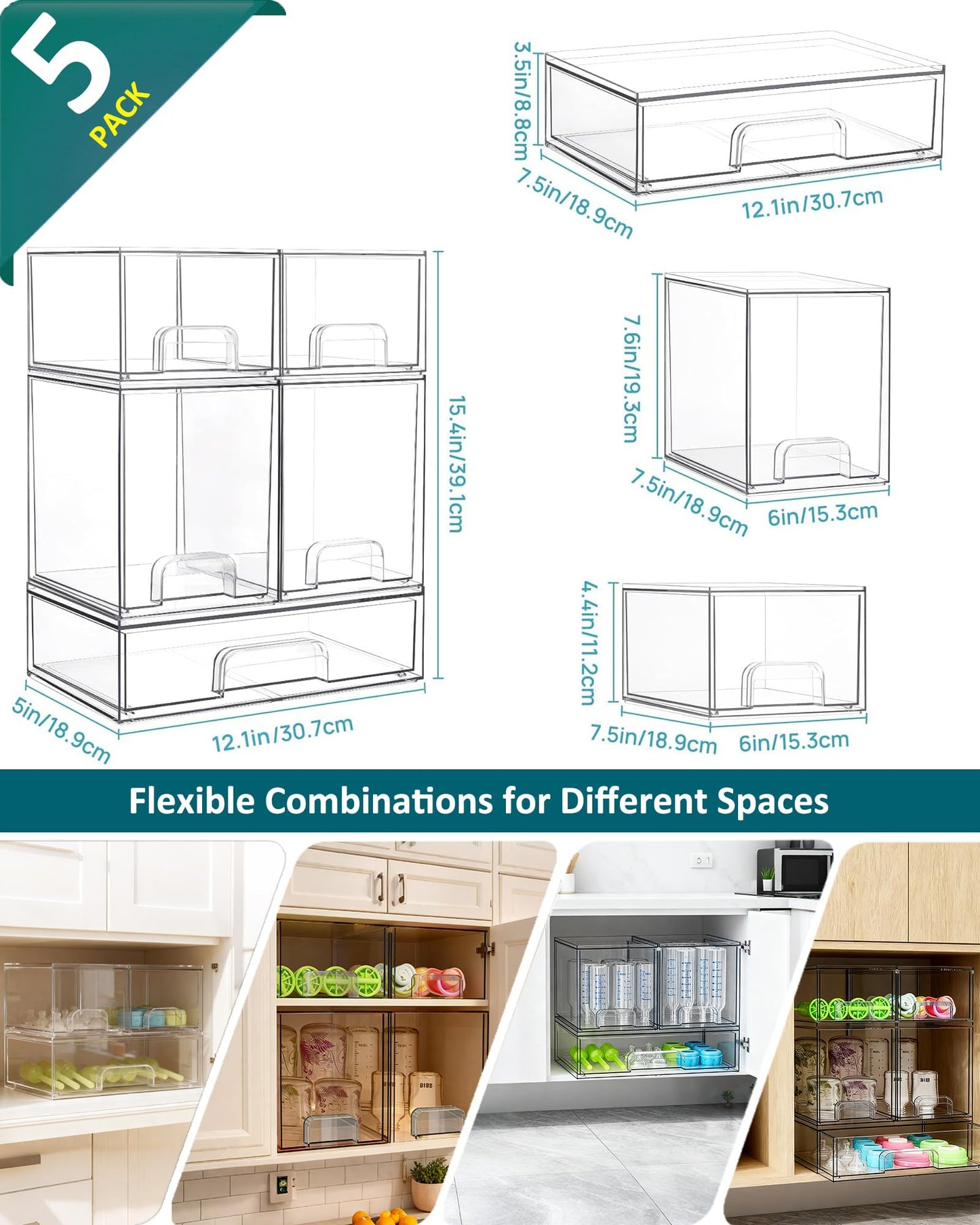 Baby Bottle Organizer for Countertop with Dust Protection, 5Pack Stackable Baby Organizers and Storage for Bottles, Clear Acrylic Container with Drawer for Kitchen, Cabinet, Vanity, Bathroom, Pantry