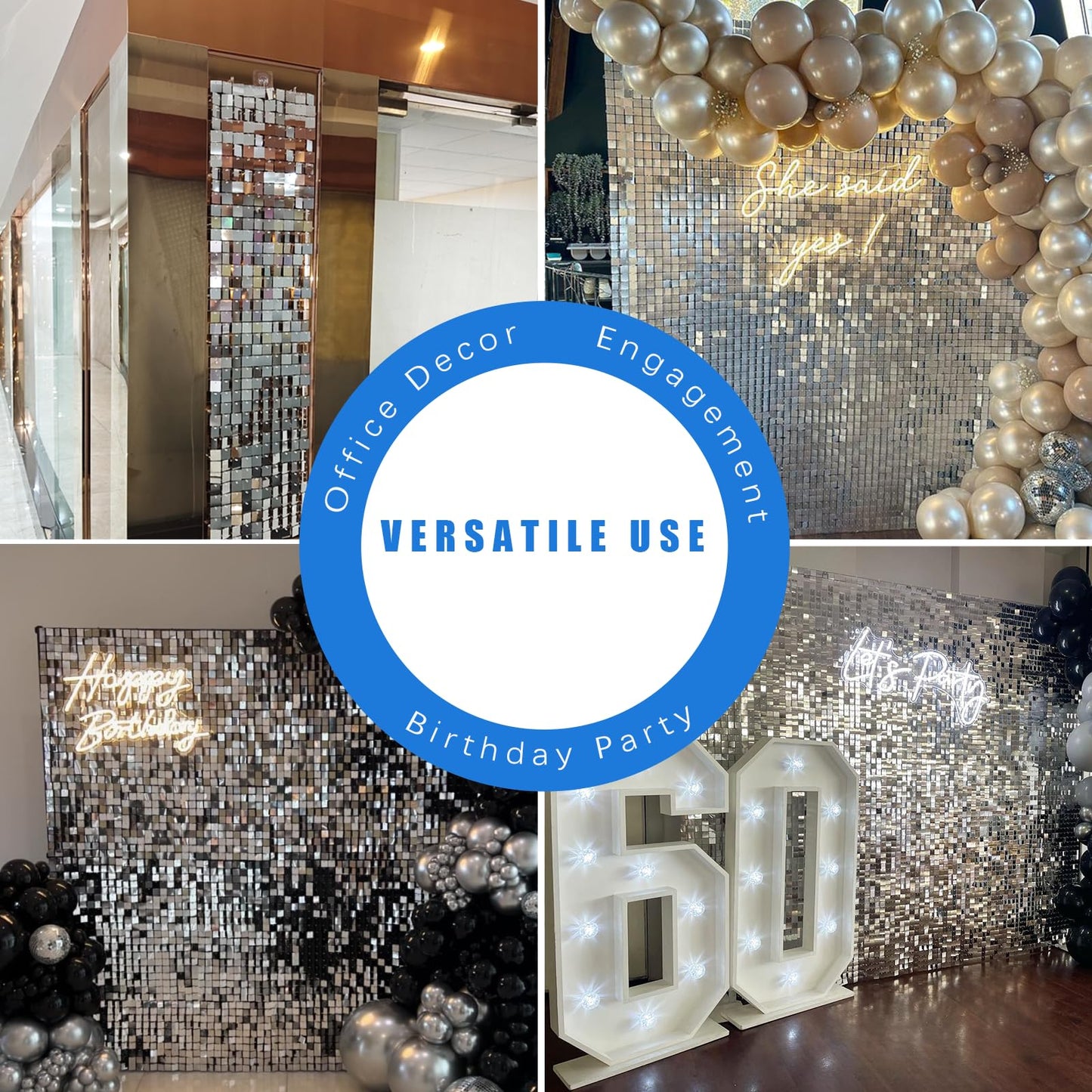 24 Pcs Silver Shimmer Wall Backdrop Panels for Party Decoration, 12 inch x 12 inch Silver Sequin Backdrop for Birthday Graduation Anniversary Engagement