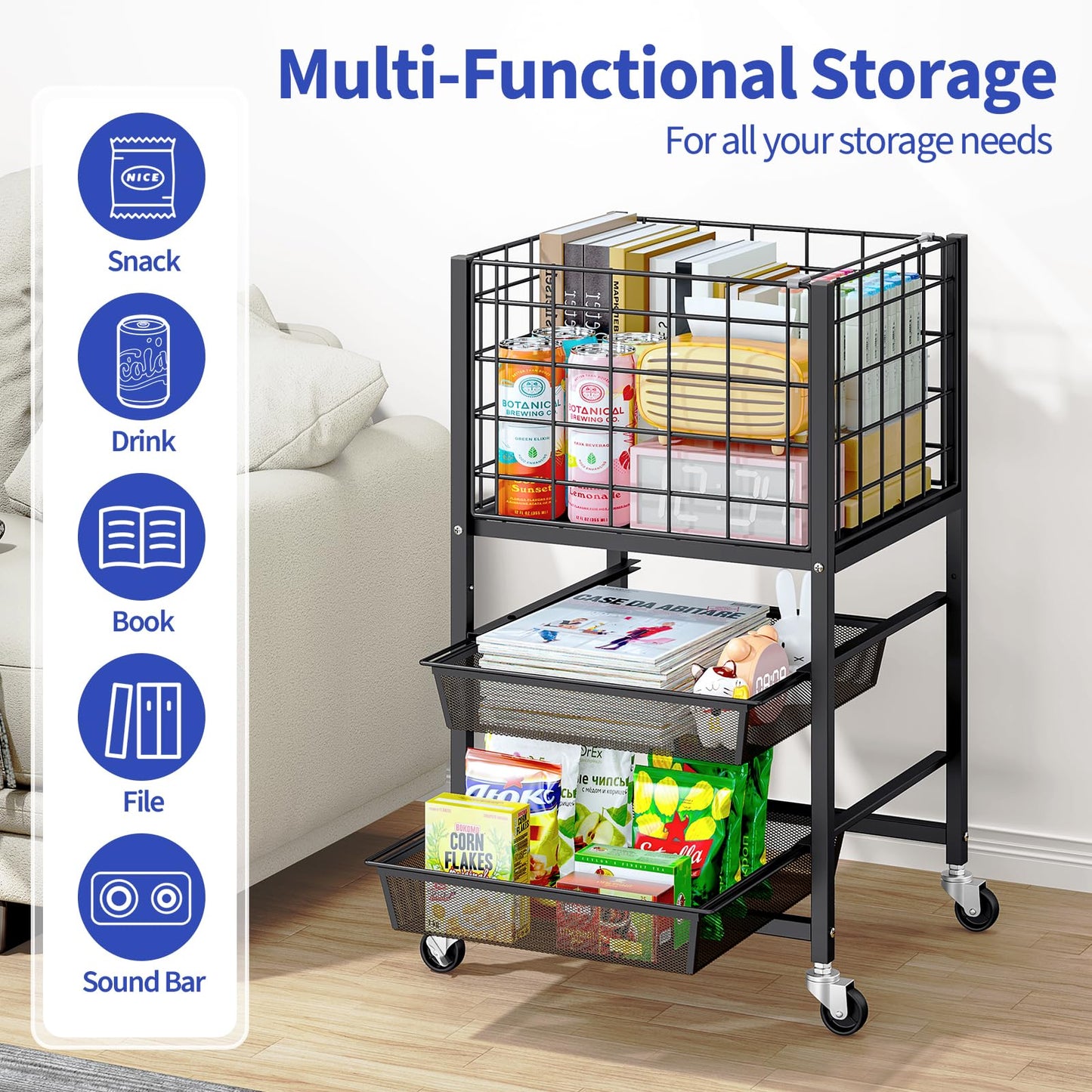 TOOLF Rolling File Cart, 3-Tier Metal File Cabinet with Wheel, Filing Cabinet with 2 Sliding File Trays, Adjustable Hanging File Folder Organizer for Office, Home, Classroom Black