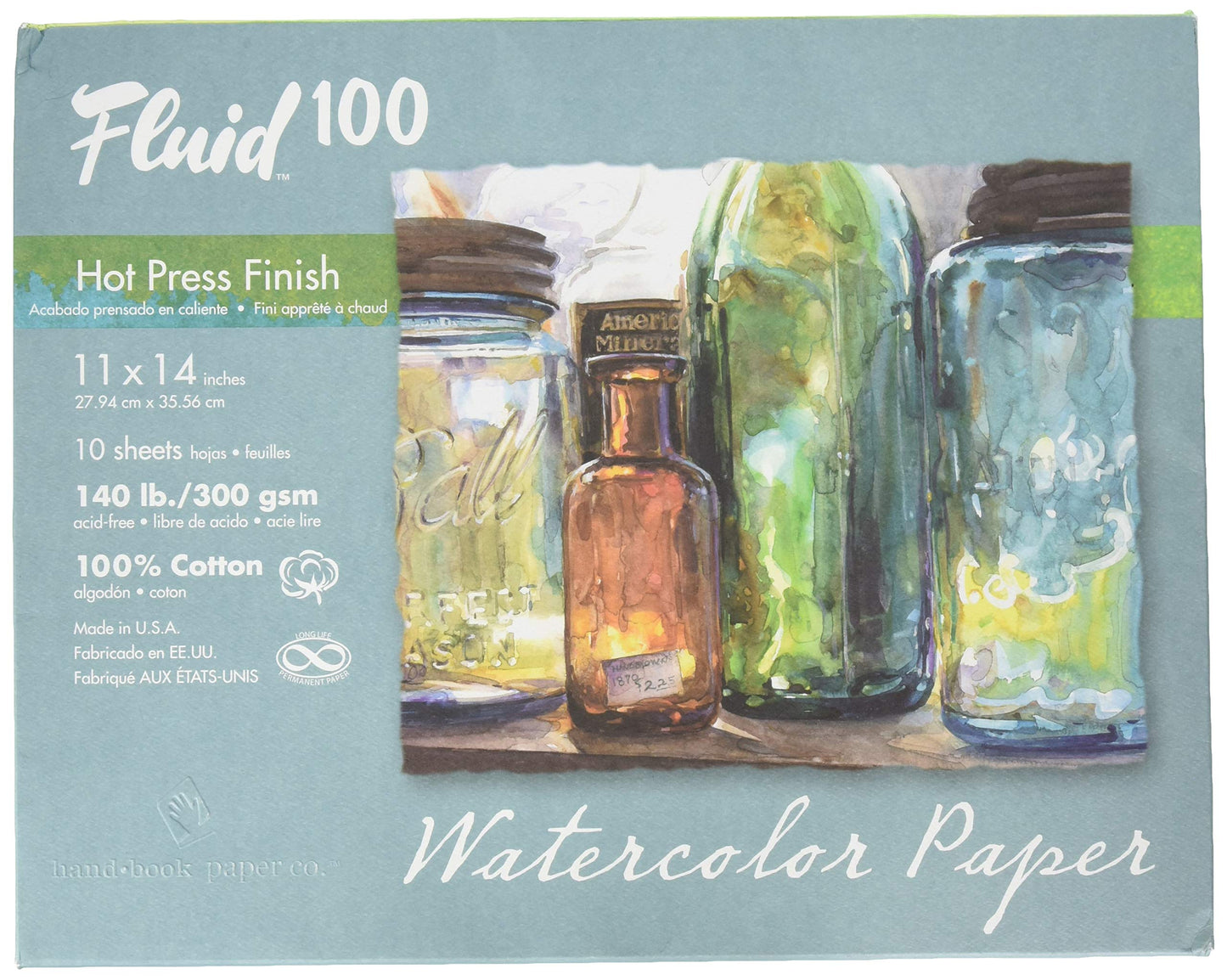 Fluid 100 Watercolor Paper 812722 140LB 100% Cotton Hot Press 11 x 14 Pochette, 10 Sheets