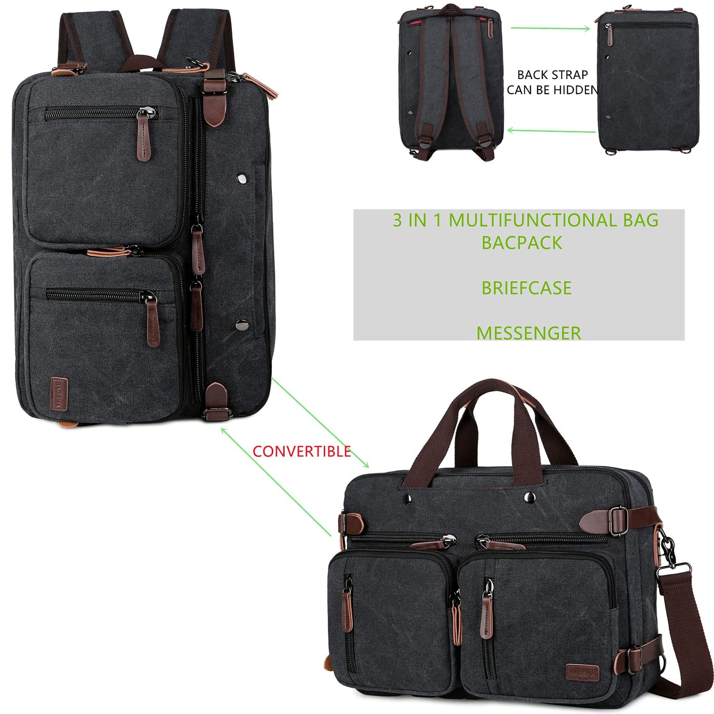 Baosha Convertible Briefcase Backpack 17 Inch Laptop Bag Case Business Briefcase HB-22 (Black-Grey Mixed)