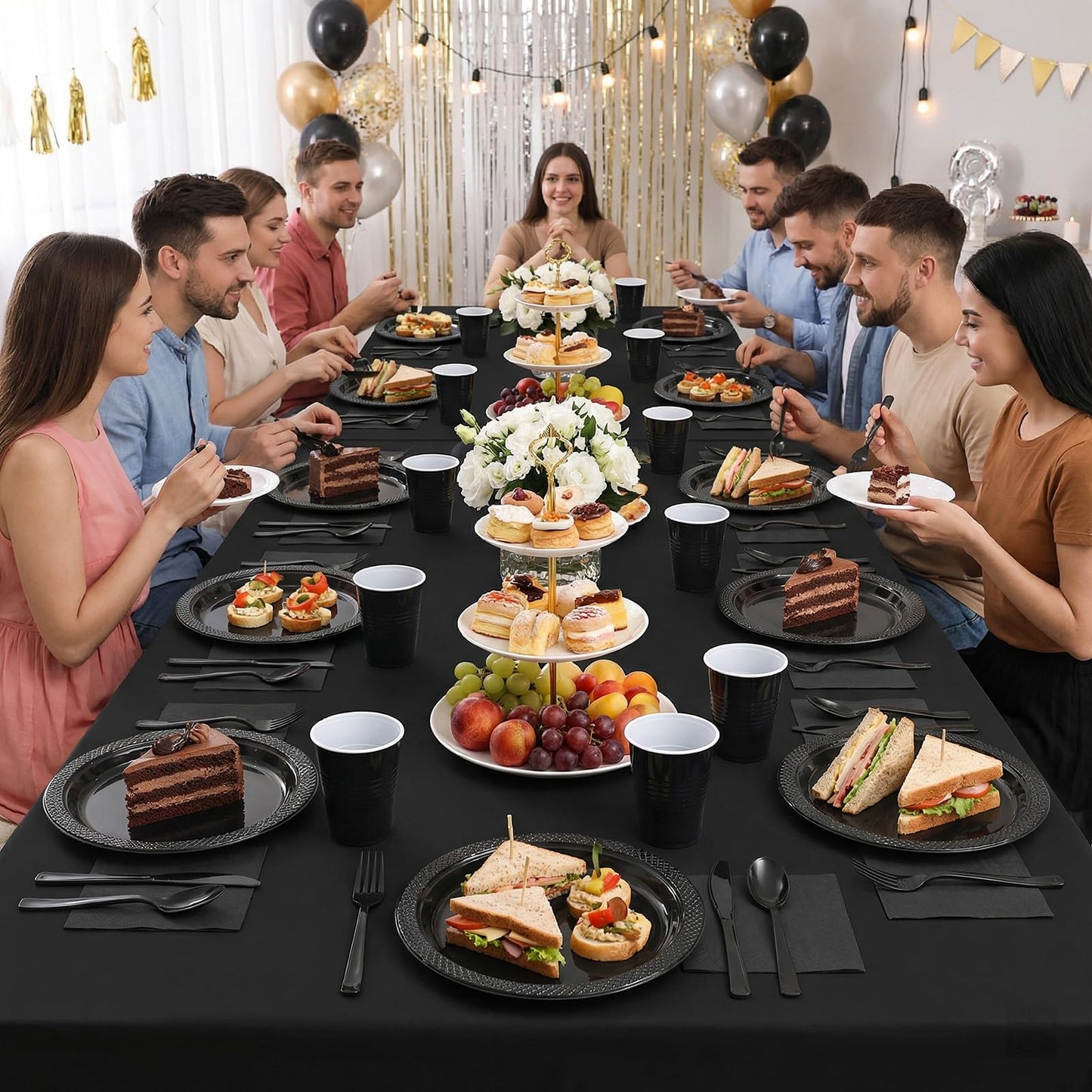 352 Pcs Black Plastic Plates Party Set, 50 Guests Disposable Dinnerware Set with Black Tablecloths, Elegant Black Plastic Plates Party Set for Wedding/Corporate Event/Formal Dinner/Gala