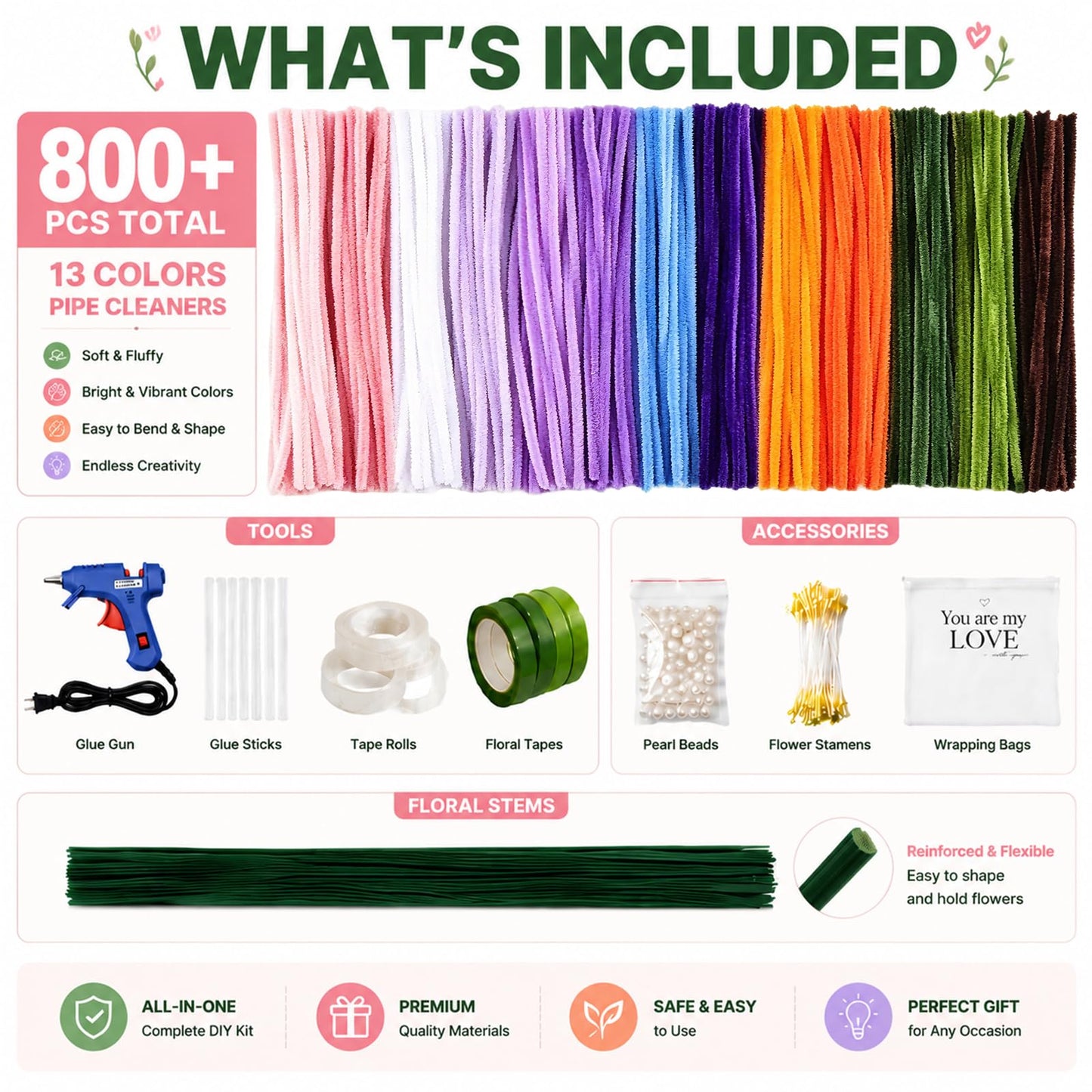 800 Pcs Pipe Cleaners for Crafts,Ultimate DIY Flower Making Kit, Includes Chenille Stems, Stamen, Floral Tape, Ribbon & Craft Wire, Perfect for Bouquet, Home Decoration or Handmade