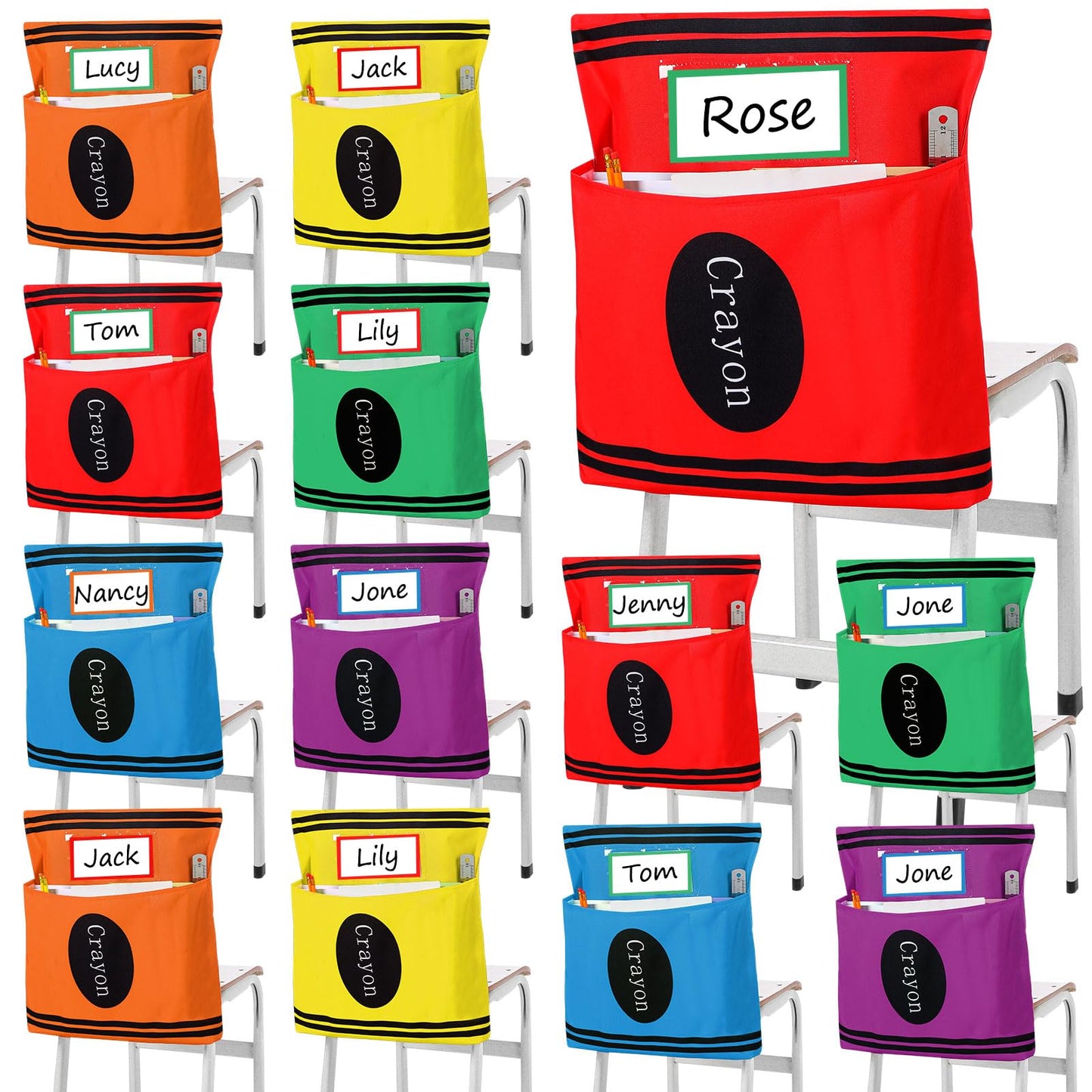 Sunnymove 12 Pack Back to School Chair Pockets Crayon Classroom Decor 18.5'' x 19'' Chair Pockets for Classroom Crayon Seat Pocket Preschool Storage Organizer with Name Slot for First Day of School