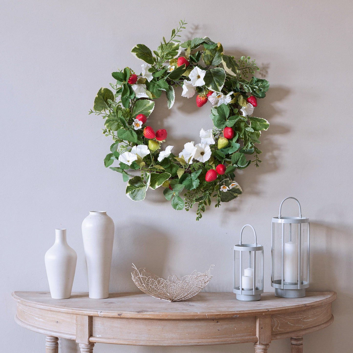 National Tree Company Artificial Spring Wreath, Woven Branch Base, Decorated with Strawberries, Petunia Blooms, Leafy Greens, Spring Collection, 22 Inches
