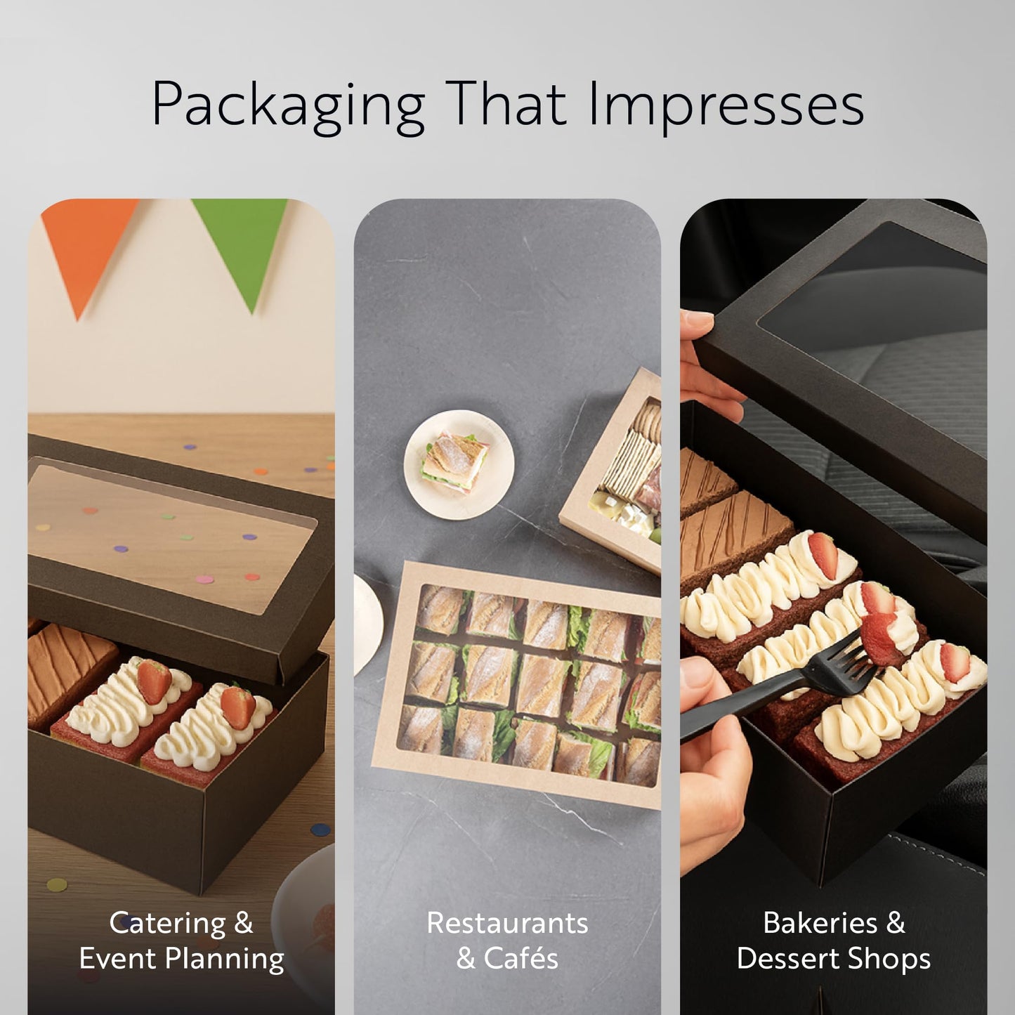 Restaurantware Cater Tek 17.9 x 12.3 x 3.2 Inch Baked Goods Boxes 10 Greaseproof Pastry Boxes - Window Lids Insert Tab Lock Black Paper Catering Boxes Easy Assembly For Charcuterie Or Cupcakes