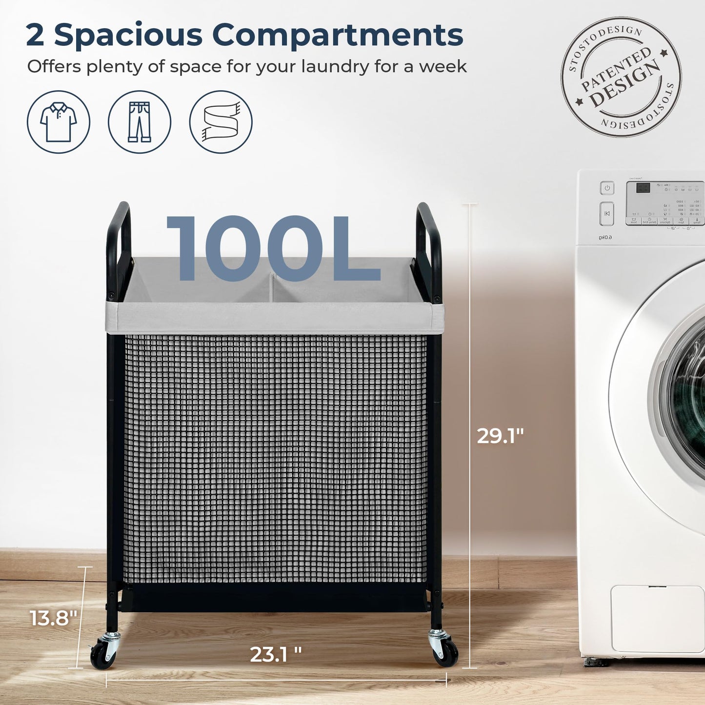 STO STO Laundry Hamper 2 Section, 100L Rolling Laundry Sorter Cart with Removable and Washable Liner Bag, Clothes Hamper with Wheels and Metal Handle for Laundry Room and Bedroom, Gray