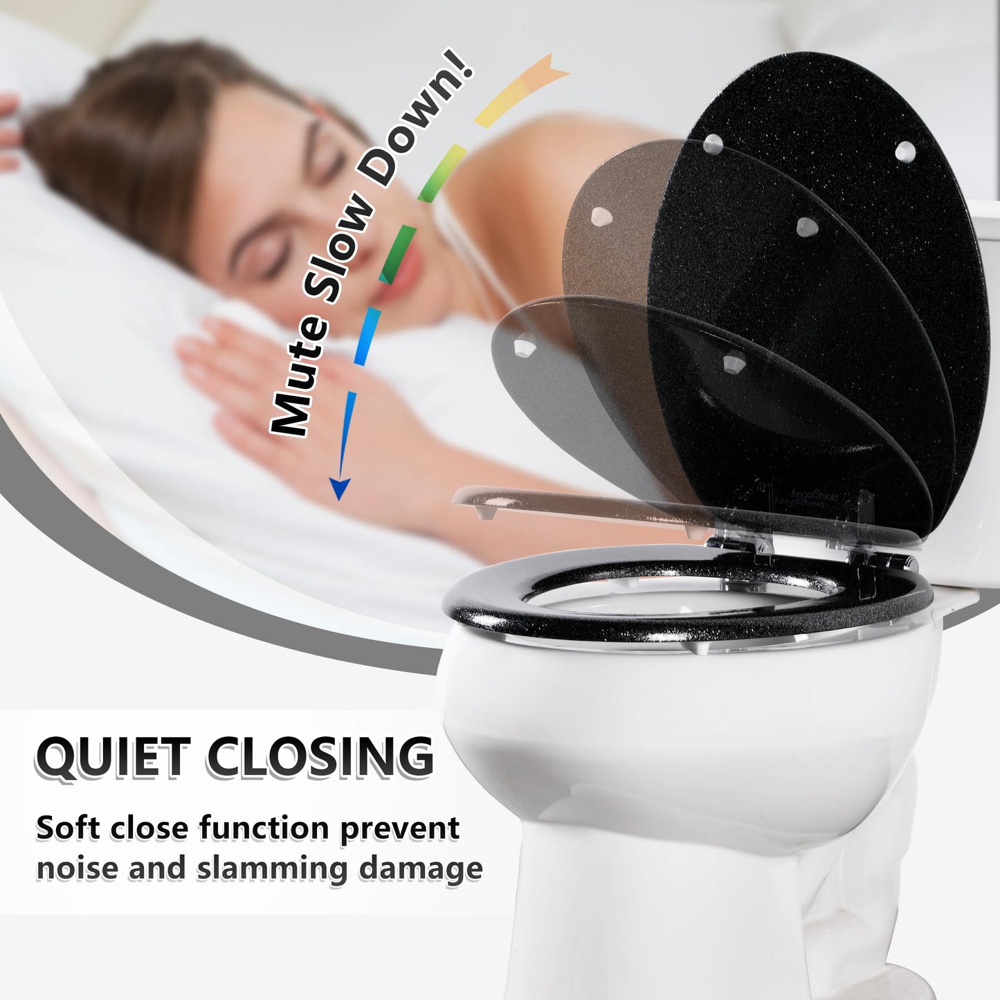 Angol Shiold Glitter Toilet Seat Molded Wood Elongated Toilet Seat with Quietly Close and Quick Release Hinges, Easy to Install also Easy to Clean (Elongated 18.5'', Black)