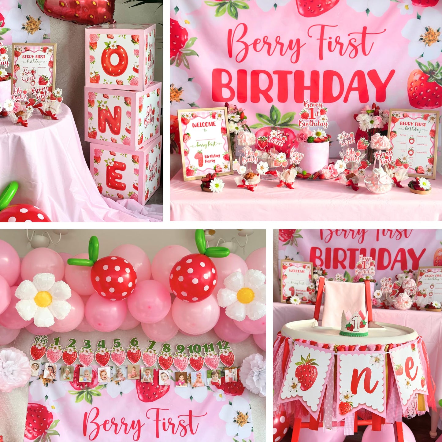 RainMeadow Premium Berry First Birthday Decorations Set - Strawberry 1st Birthday Decorations Girl with Banner, Balloons, High Chair Tutu, Cake Toppers, Milestone Garland & More for Baby Girls