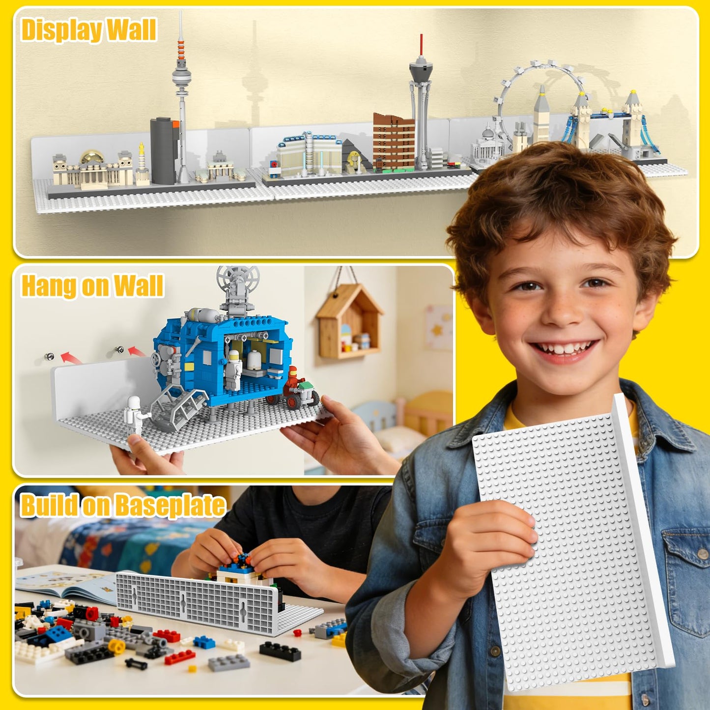 BlissBox 4-Pack Large Display Shelves for Wall Compatible with Lego Building Bricks, 11.3x6.3inch Dual-Sided 36x20 Studs for Brick Display and Storage, for Medium & Large Brick Builds, White