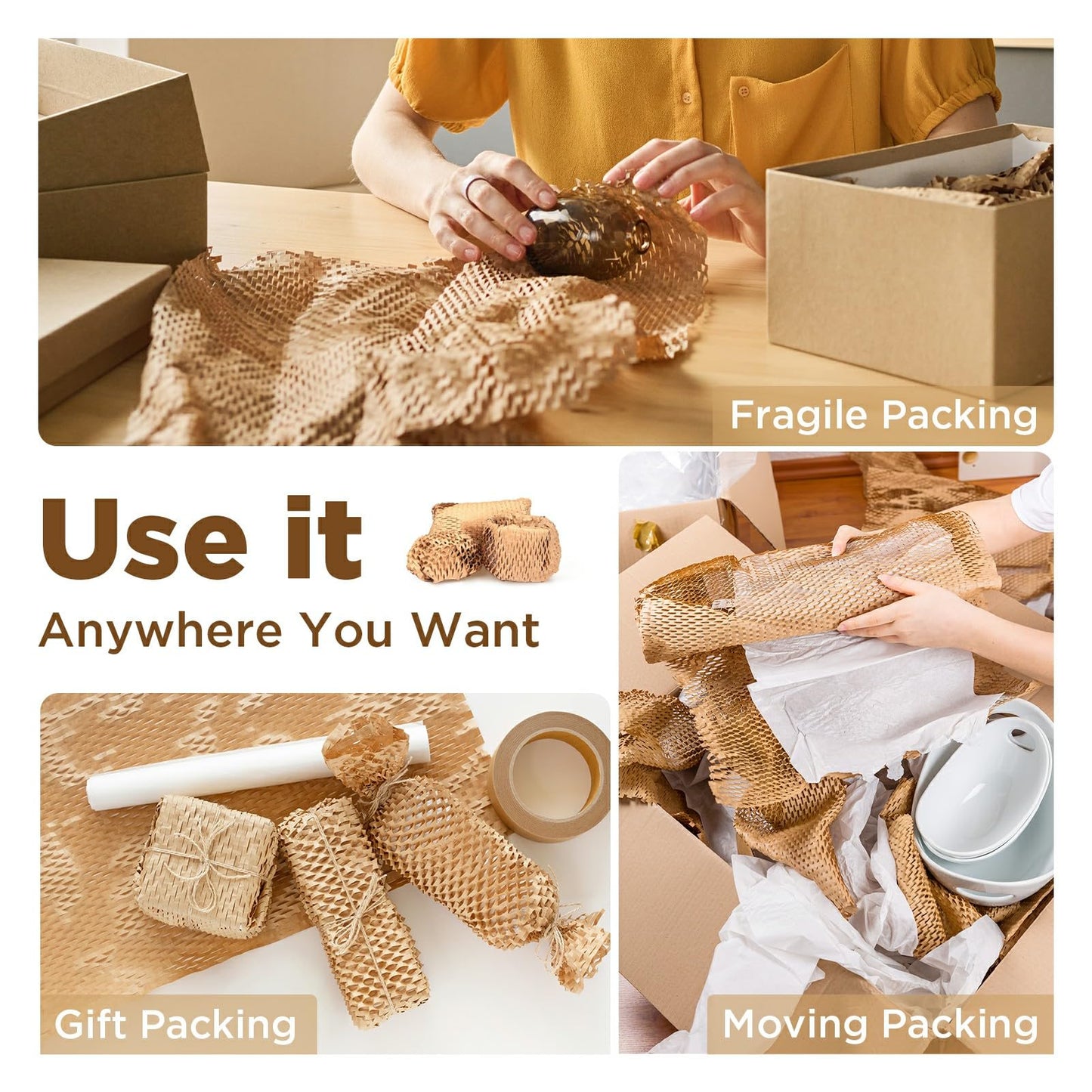 Honeycomb Packing Paper, 12"x400' Brown | Perforated Honeycomb Packing Paper Recyclable Moving Supplies for Shipping & Moving | Plastic-Free Alternative to Bubble Cushion Wrap with 36 Fragile Stickers