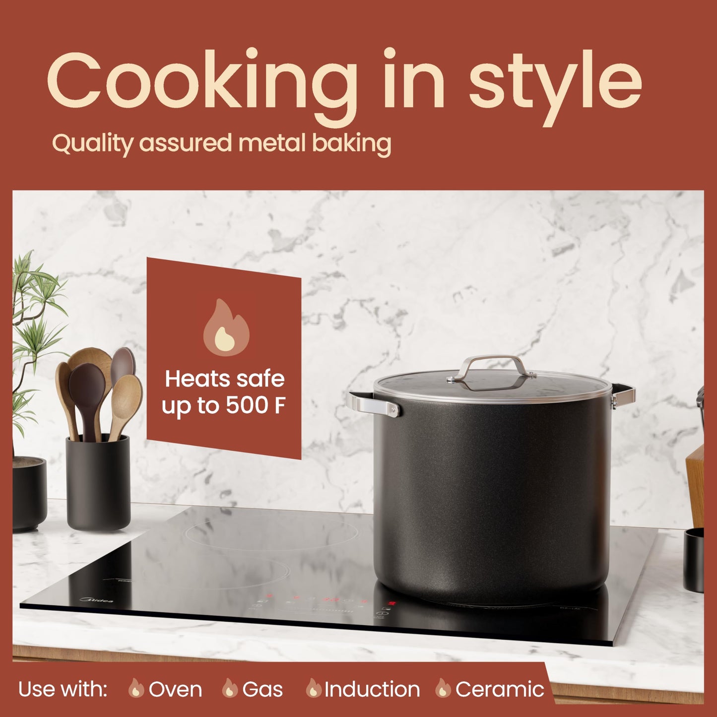 Bakken 12.5 Quart Ceramic Coated Stock Pot with Lid, Easy Clean Nonstick Pot, Tempered Glass Lid, Riveted Stainless Steel Handles, Oven Safe Up To 500°F, PTFE & PFAS Free, All Stove Compatible, Black