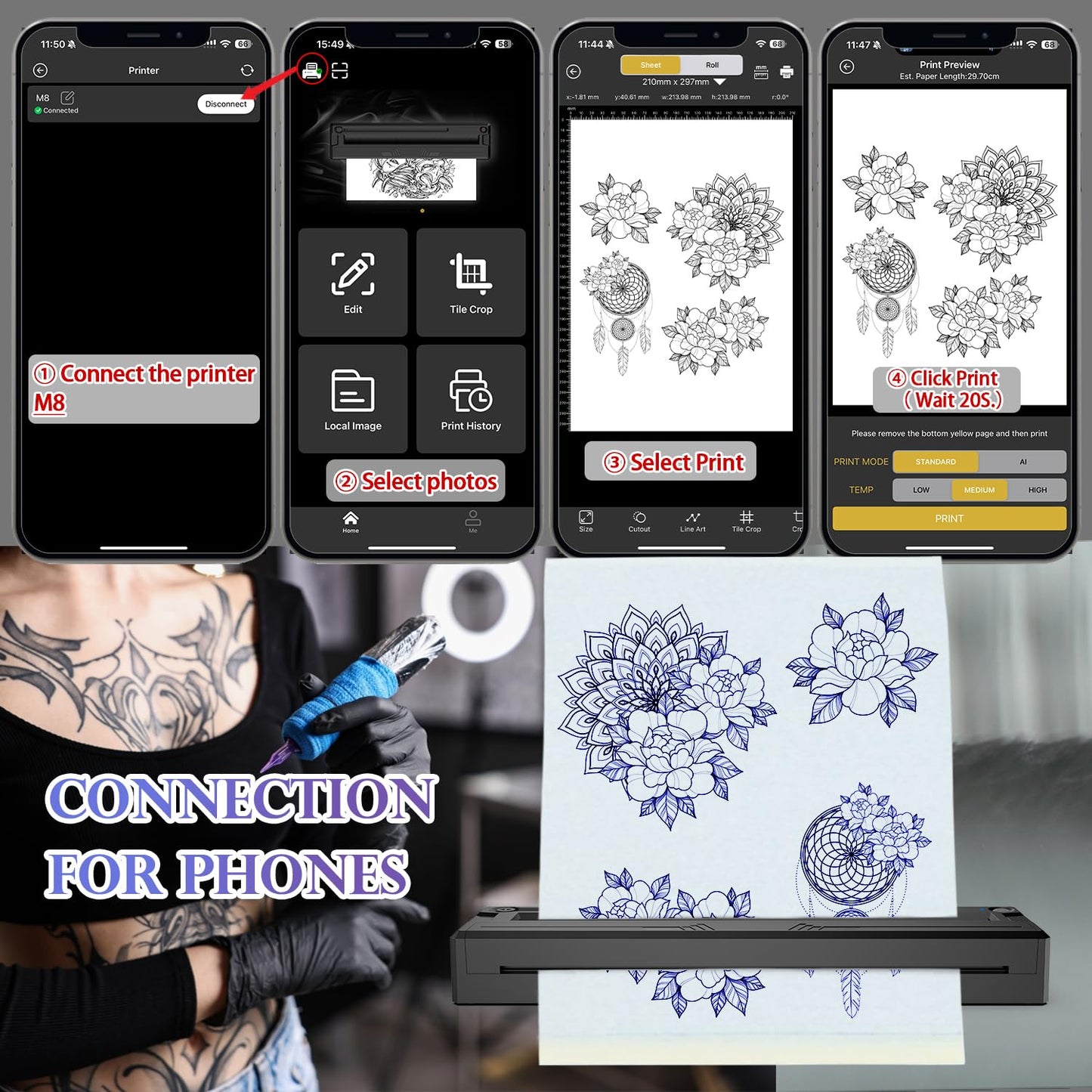 Sacnahe Wireless Tattoo Stencil Printer, Portable Bluetooth Thermal Tattoo Printer with App Custom-Size≤ A4, Print Realistic Portraits, 10 Transfer Papers, Works for Phone/Tablet/PC (Black)