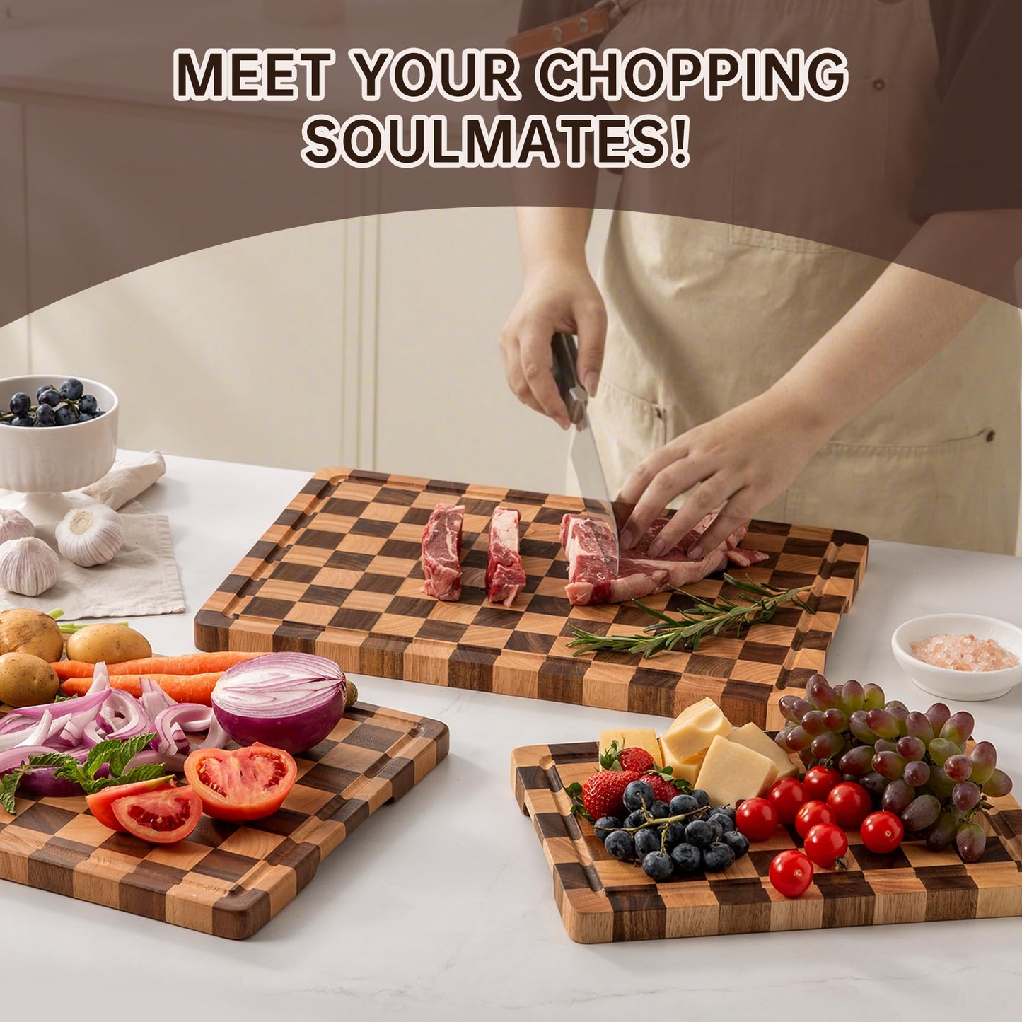 FYCTIO Cutting Board Set, Acacia Wood Checkered Cutting Boards for Kitchen, 3 pcs Chopping Board with Juice Grooves & Handles, Butcher Block Serving Tray for Meat, Vegetables and Fruits with Gift Box