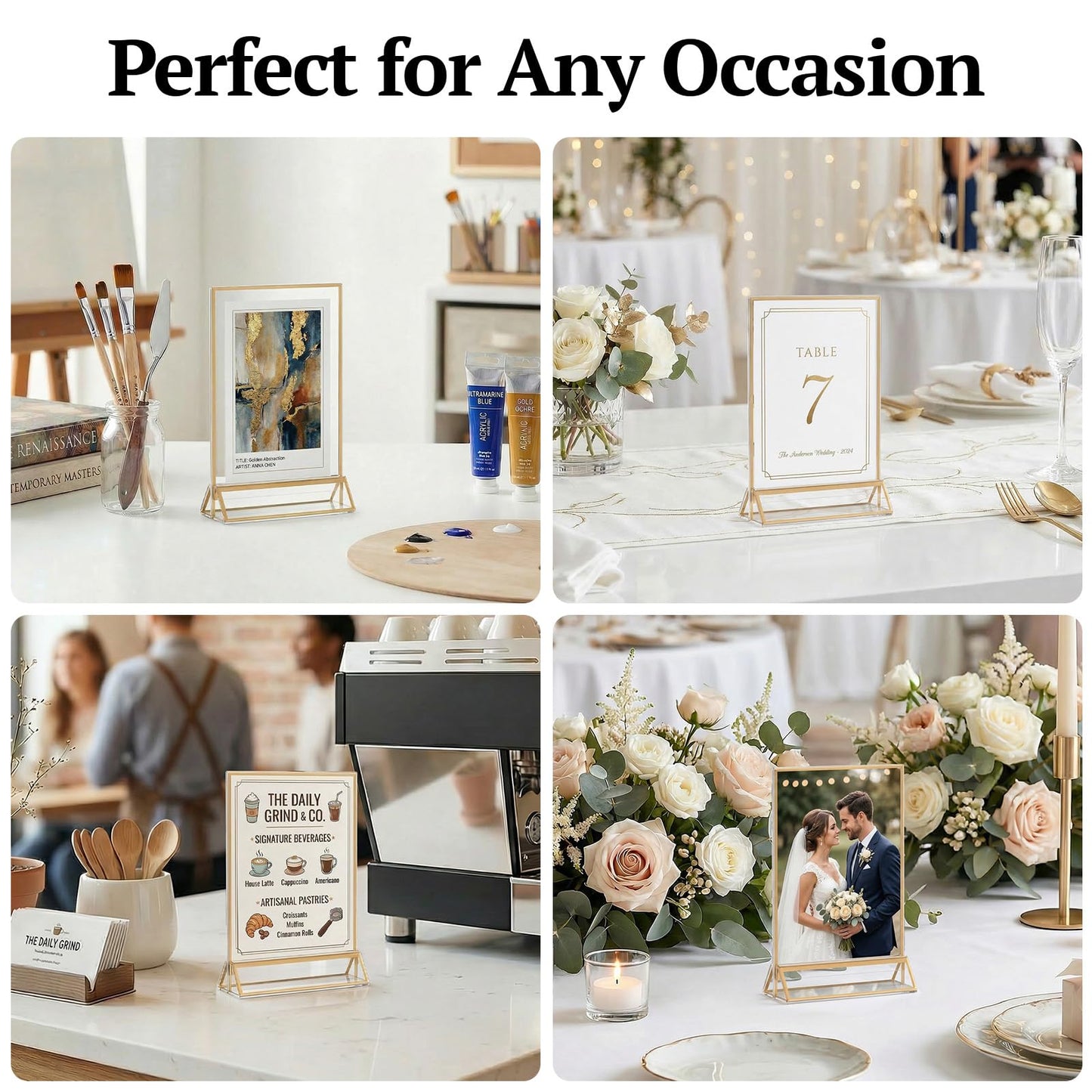 Daofary Acrylic Sign Holder 4x6, 14 Pack Double Sided Clear Gold Frame Tabletop Display, Menu Flyer Table Number Holder for Wedding Reception and Restaurant Tables