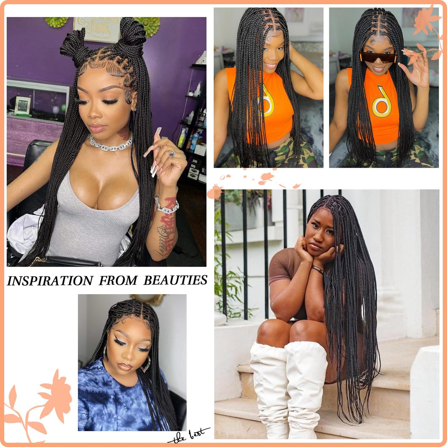Brinbea 36'' 13X8" HD Lace Front Knotless Braided Wigs for Women Box Braid Wig with Baby Hair Braided Lace Front Wigs Human Hair Blended Braid Wig Natural Long Black