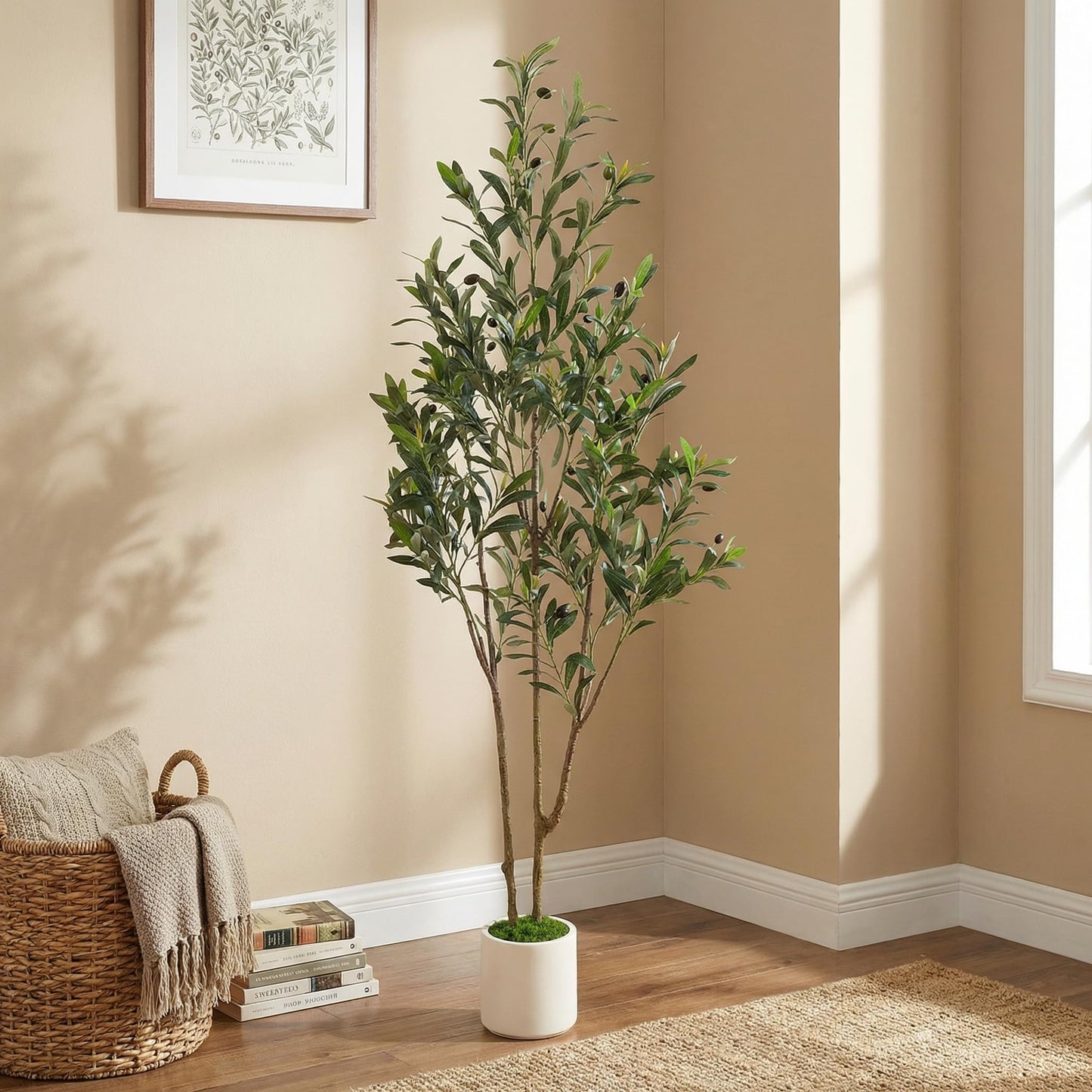 Alupssuc 5ft Olive Trees Artificial Indoor & Outdoor, Faux Olive Tree with Lively Artificial Trunk and Lifelike Fruits, Fake Potted Tree for Modern Home Office Living Room Decor